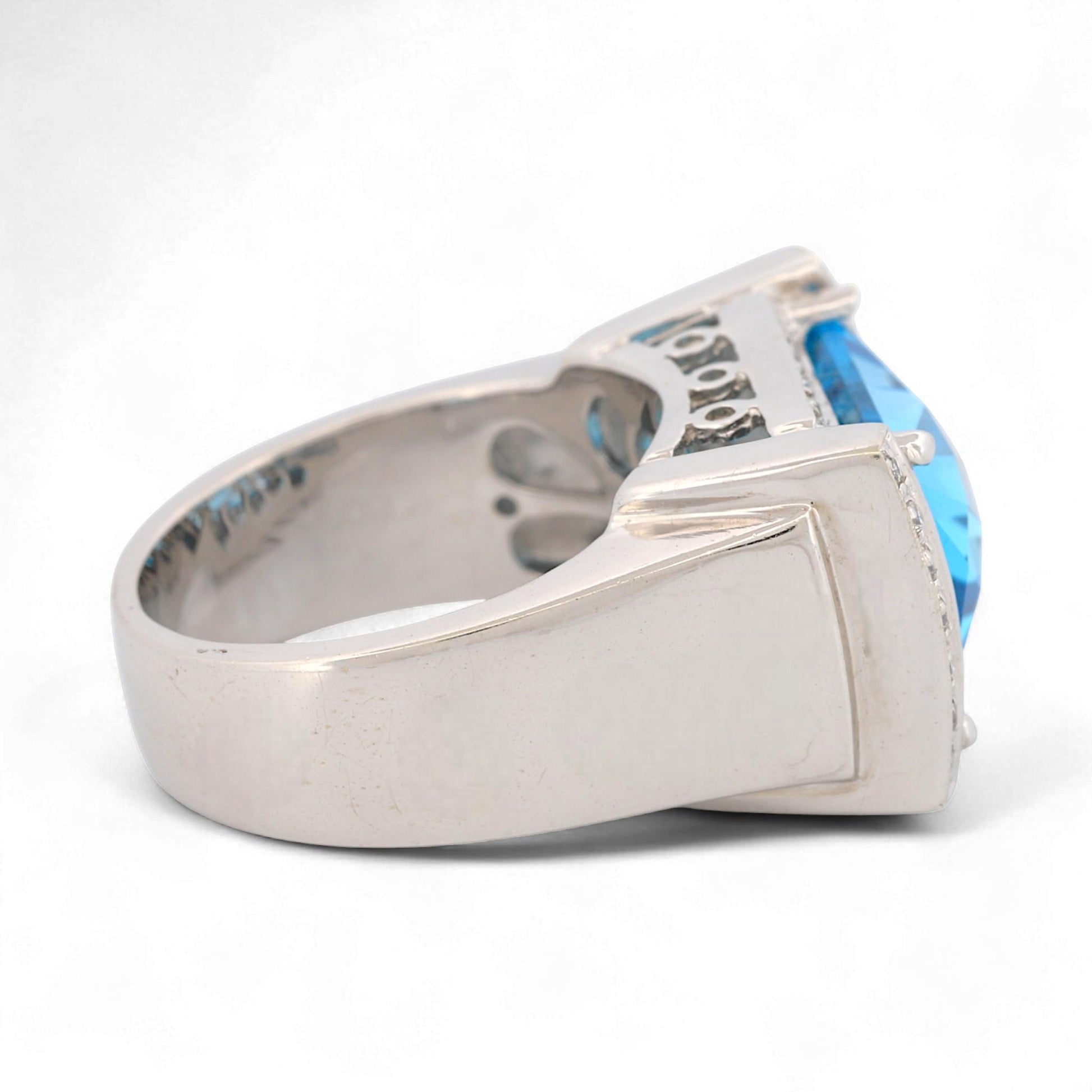 14K White Gold Blue Topaz & Diamond Rectangular Statement Ring Size 7