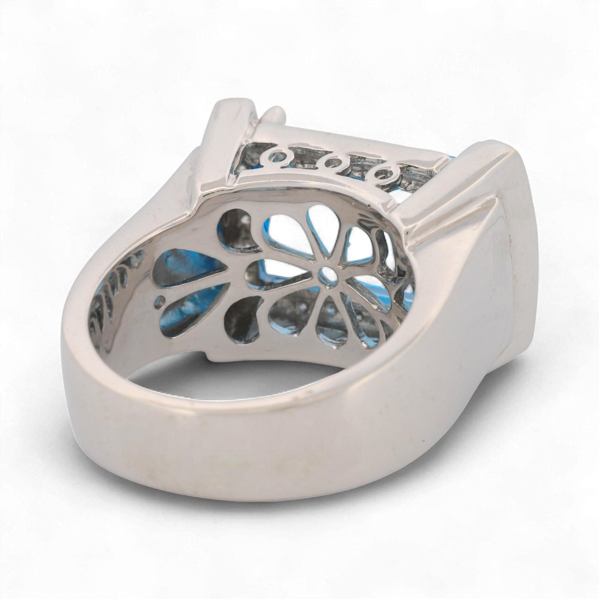 14K White Gold Blue Topaz & Diamond Rectangular Statement Ring Size 7