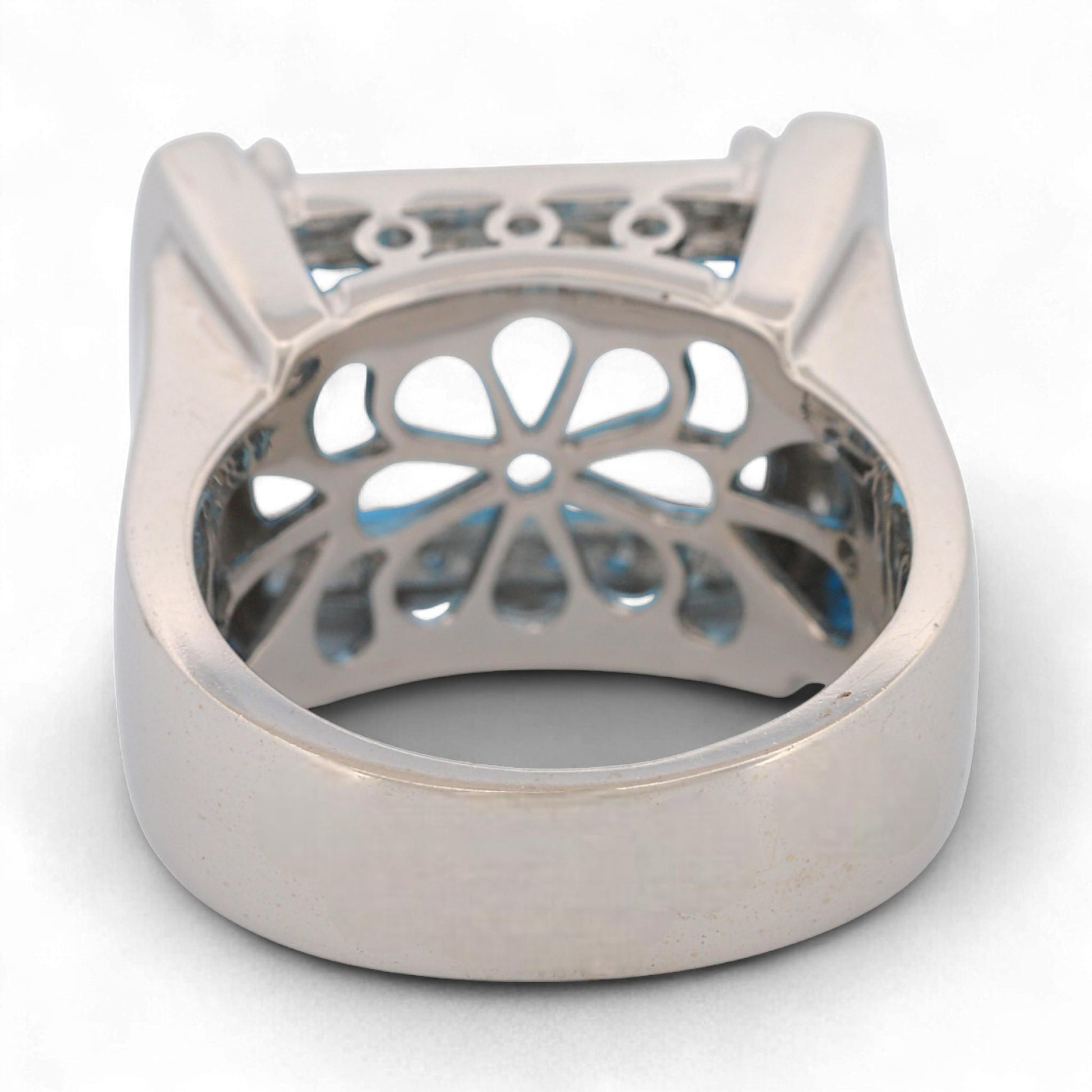 14K White Gold Blue Topaz & Diamond Rectangular Statement Ring Size 7