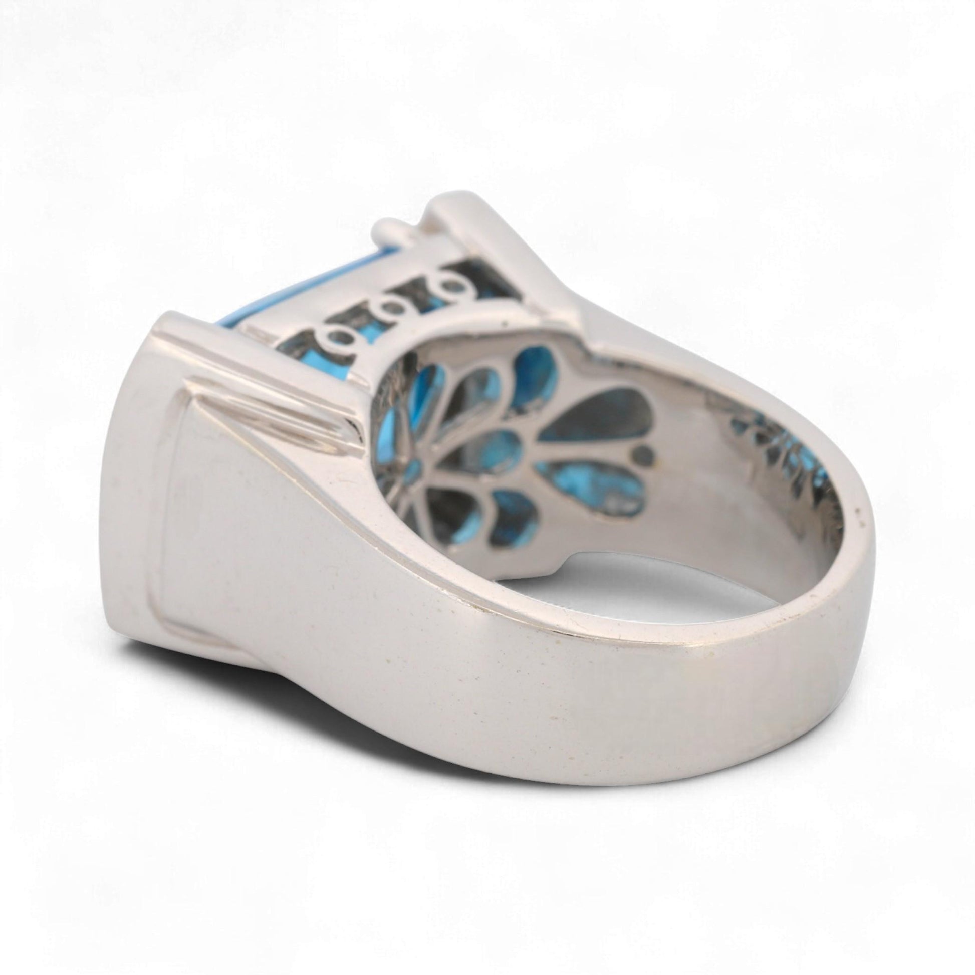 14K White Gold Blue Topaz & Diamond Rectangular Statement Ring Size 7
