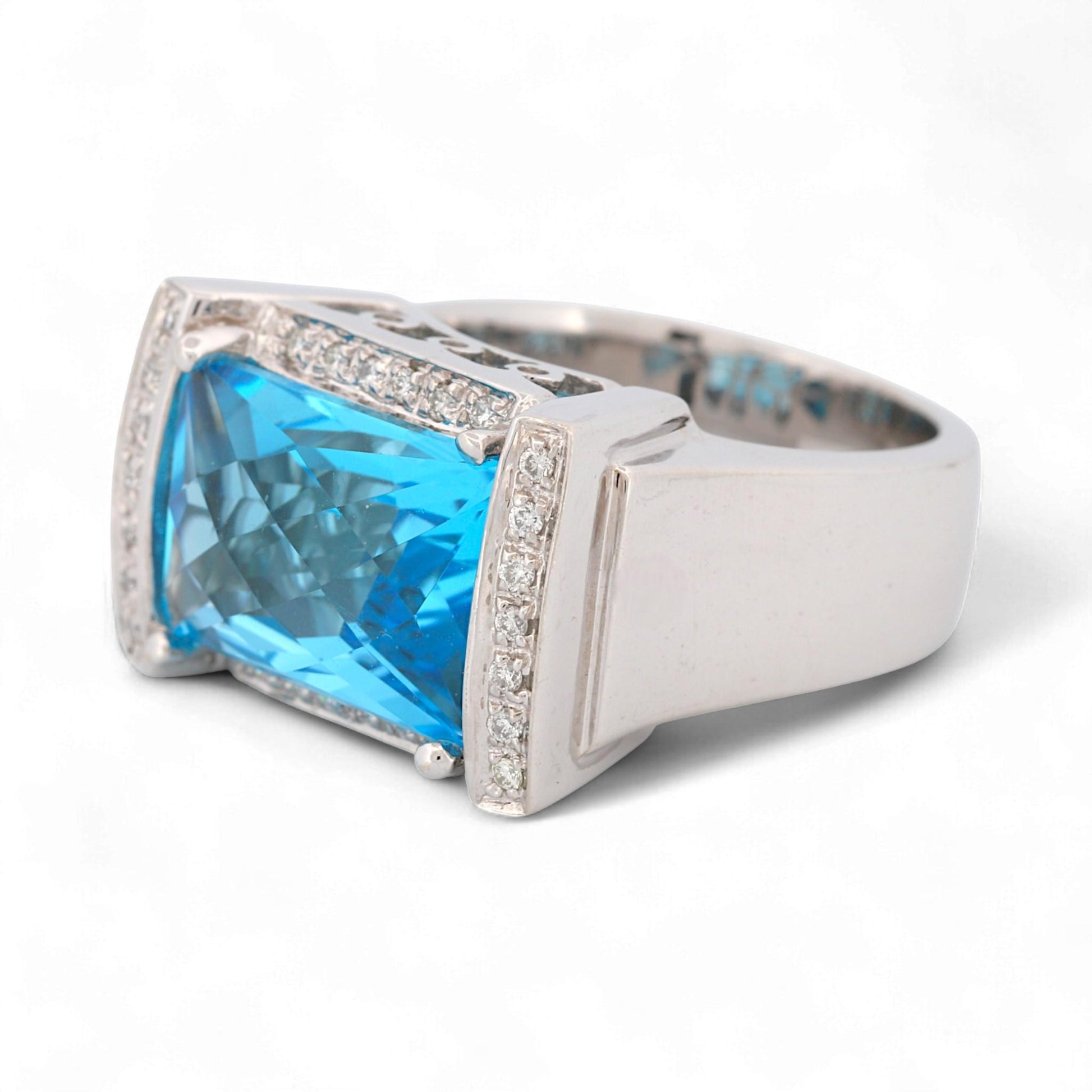 14K White Gold Blue Topaz & Diamond Rectangular Statement Ring Size 7