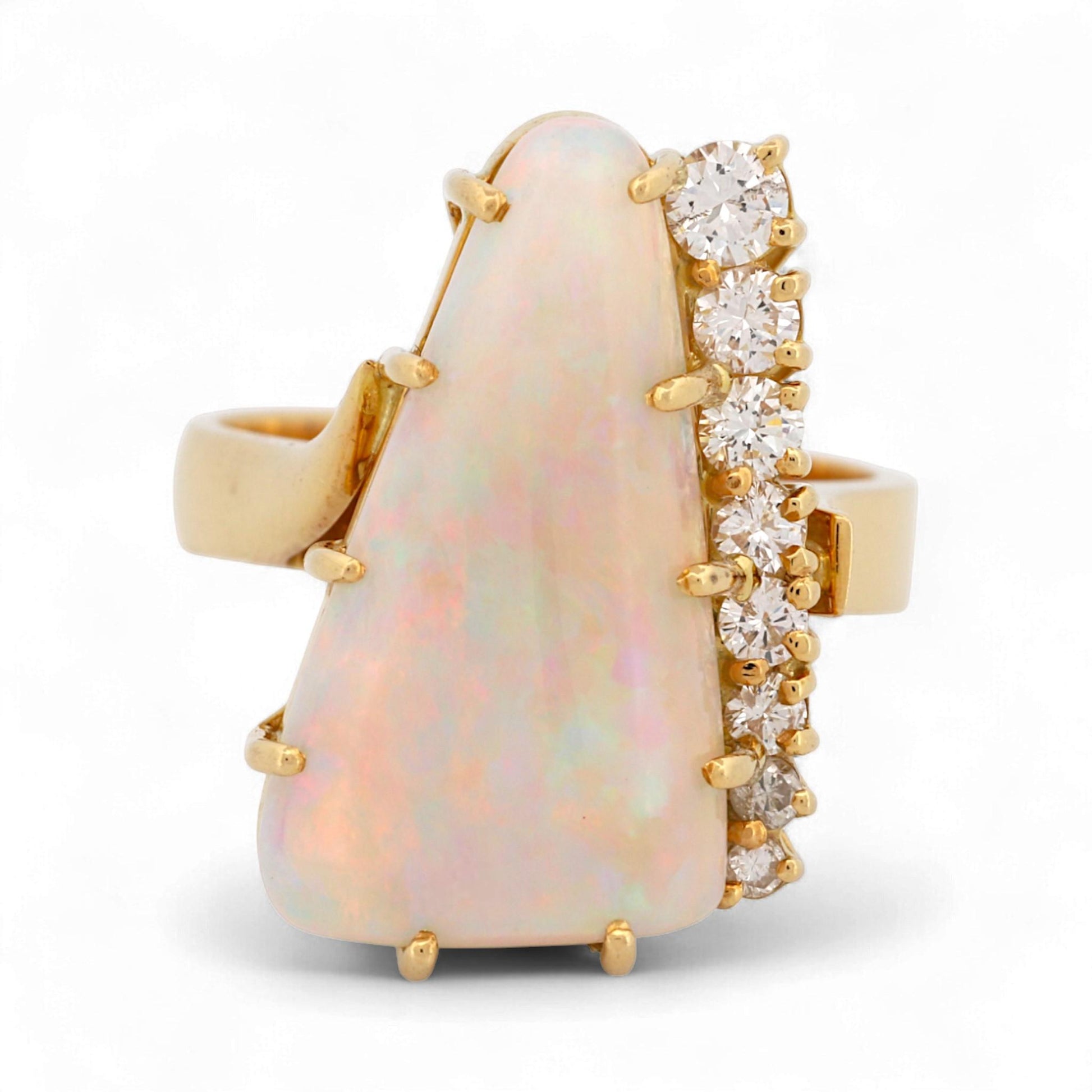 18K Yellow Gold Artistic Triangular Opal & Diamond Statement Ring Size 7