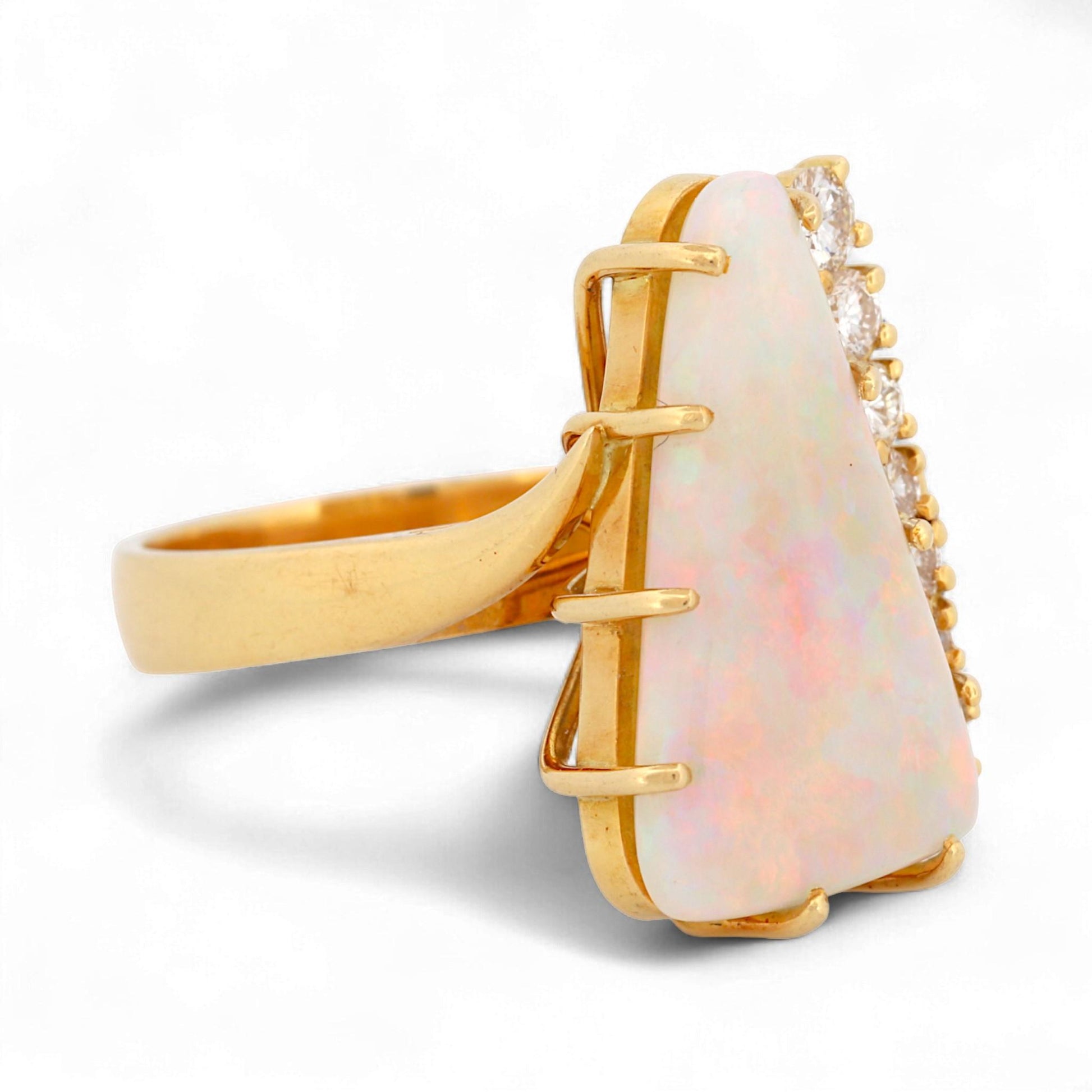 18K Yellow Gold Artistic Triangular Opal & Diamond Statement Ring Size 7