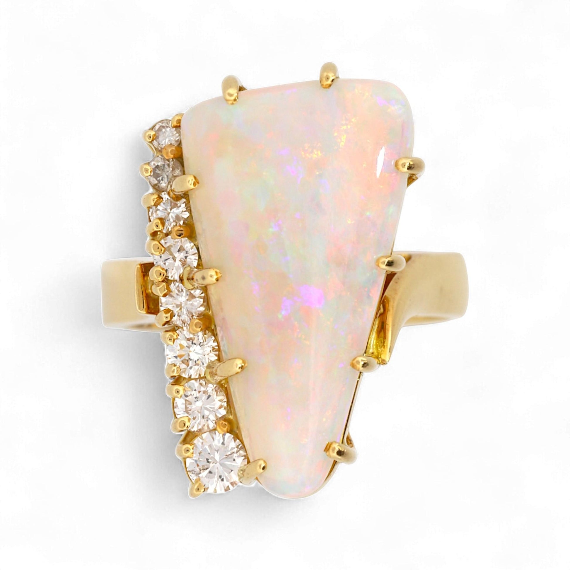 18K Yellow Gold Artistic Triangular Opal & Diamond Statement Ring Size 7