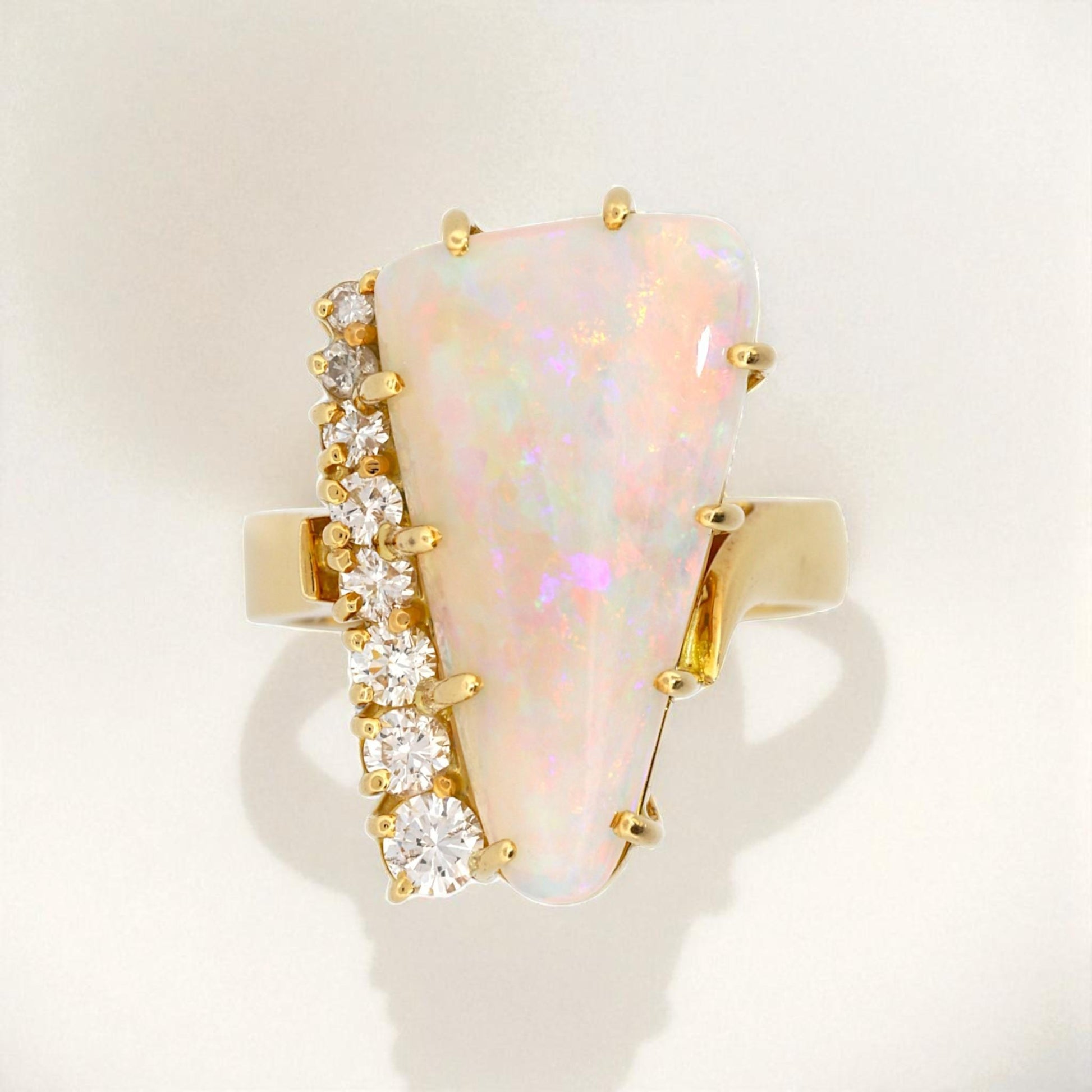 18K Yellow Gold Artistic Triangular Opal & Diamond Statement Ring Size 7