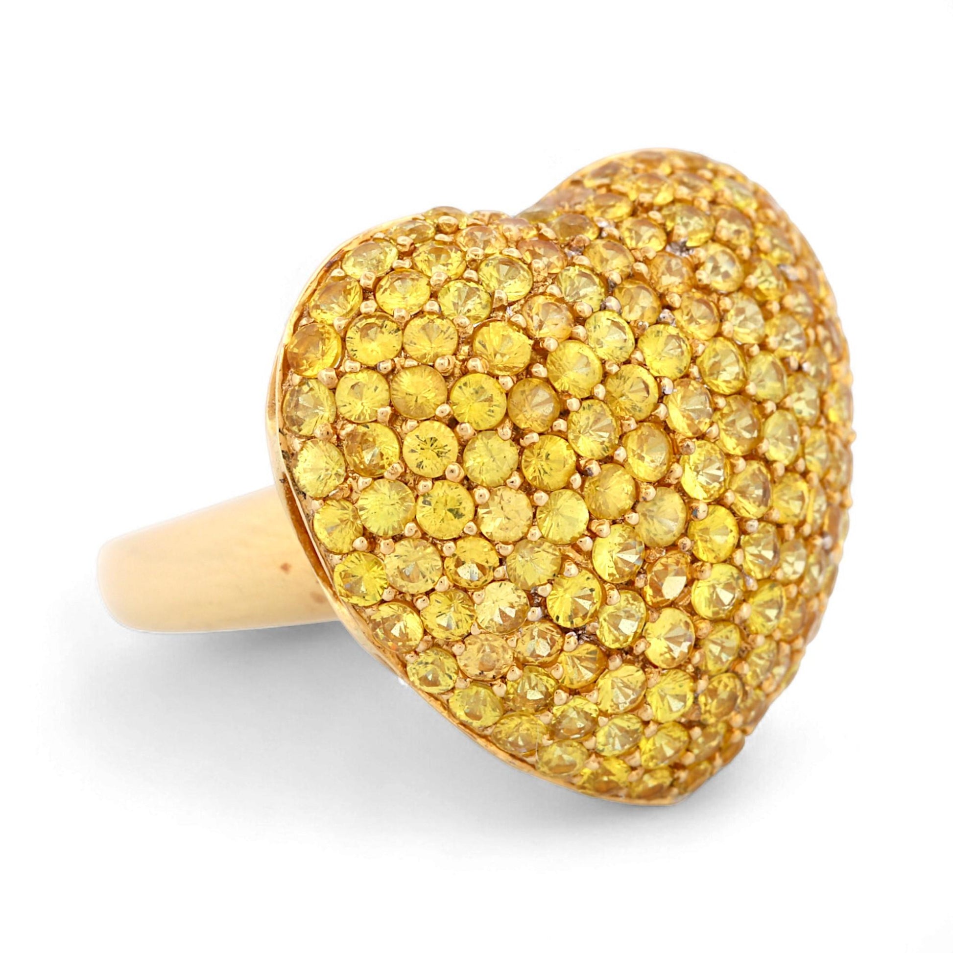 18K Yellow Gold Puffed Heart Sapphire & Diamond Statement Ring Size 7.5