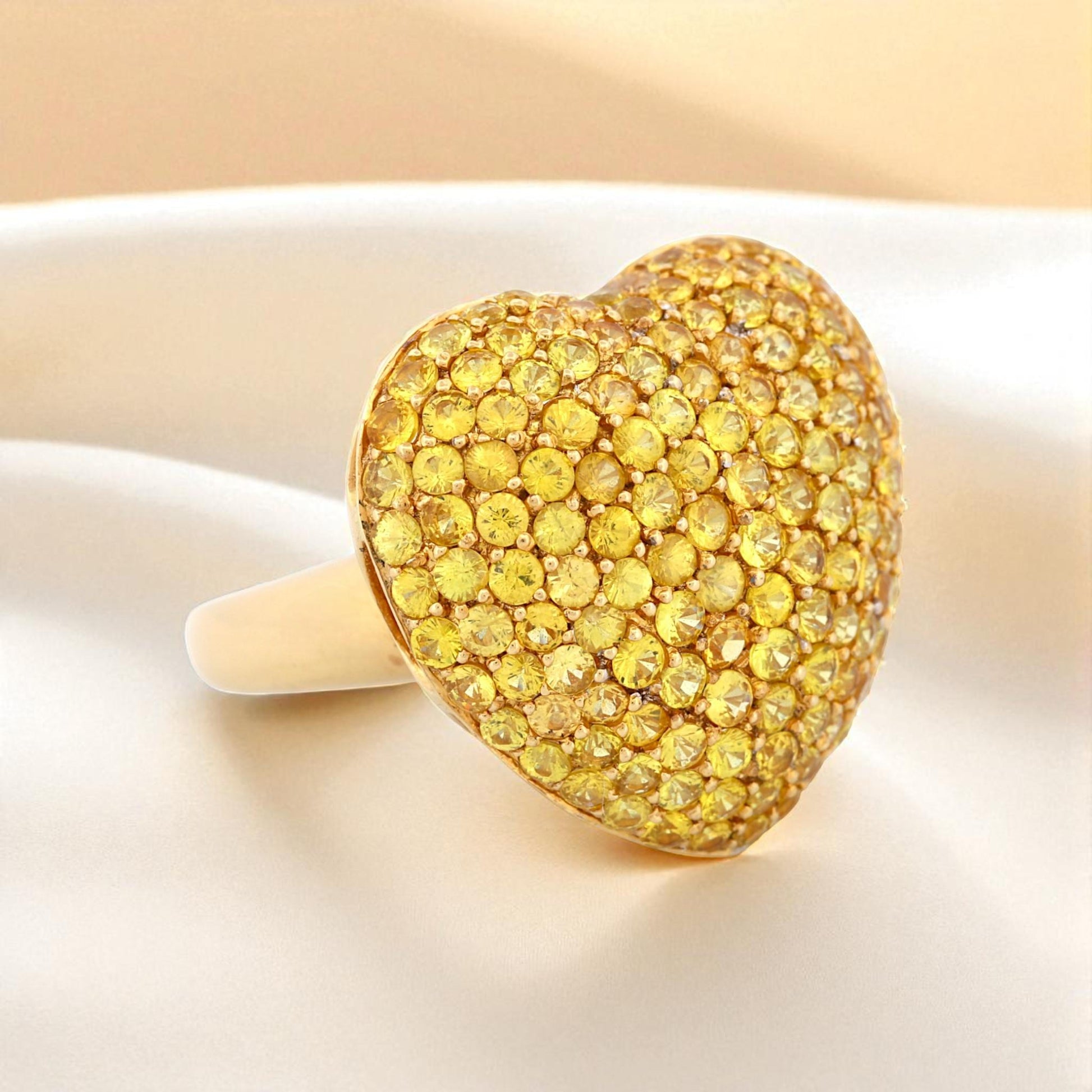 18K Yellow Gold Puffed Heart Sapphire & Diamond Statement Ring Size 7.5