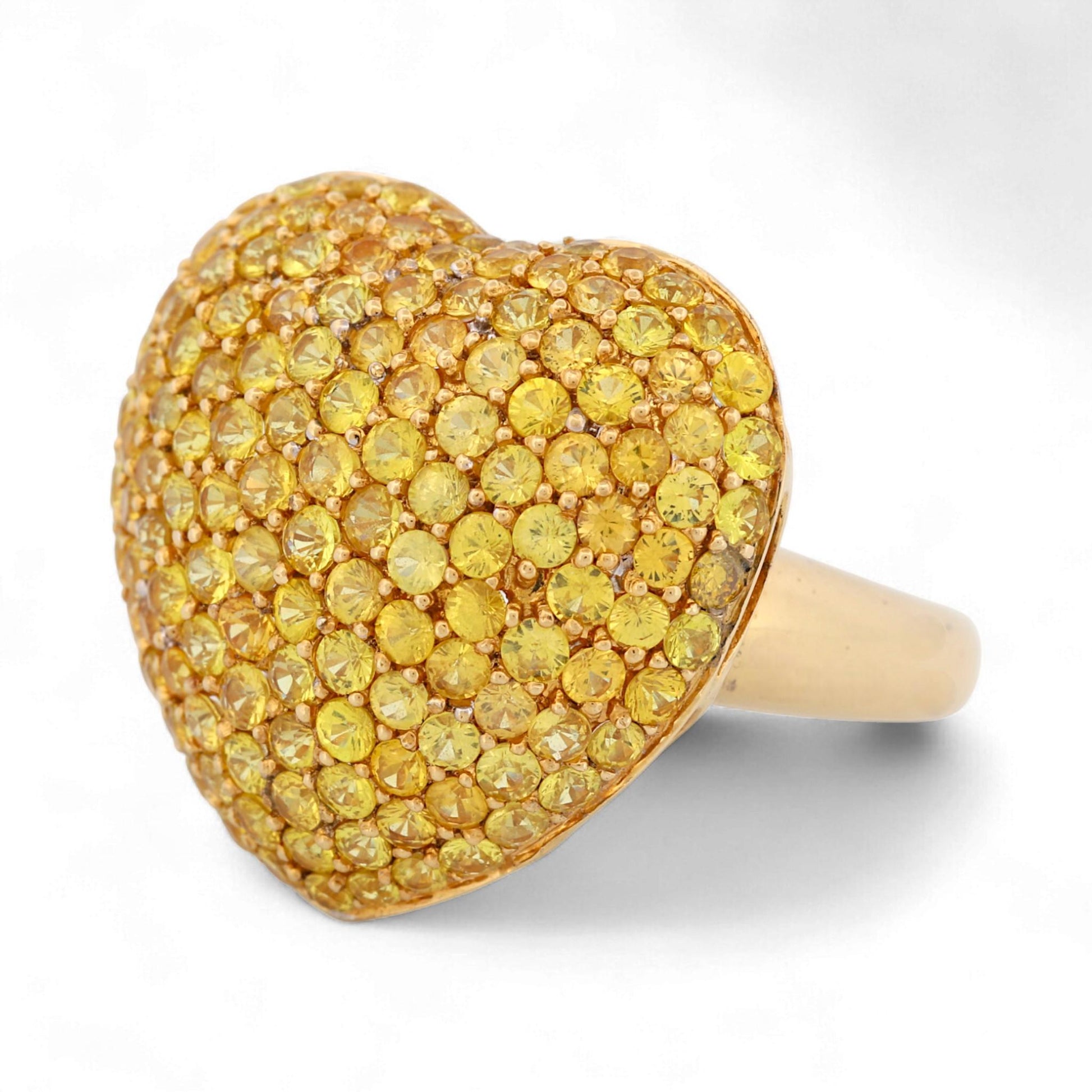 18K Yellow Gold Puffed Heart Sapphire & Diamond Statement Ring Size 7.5