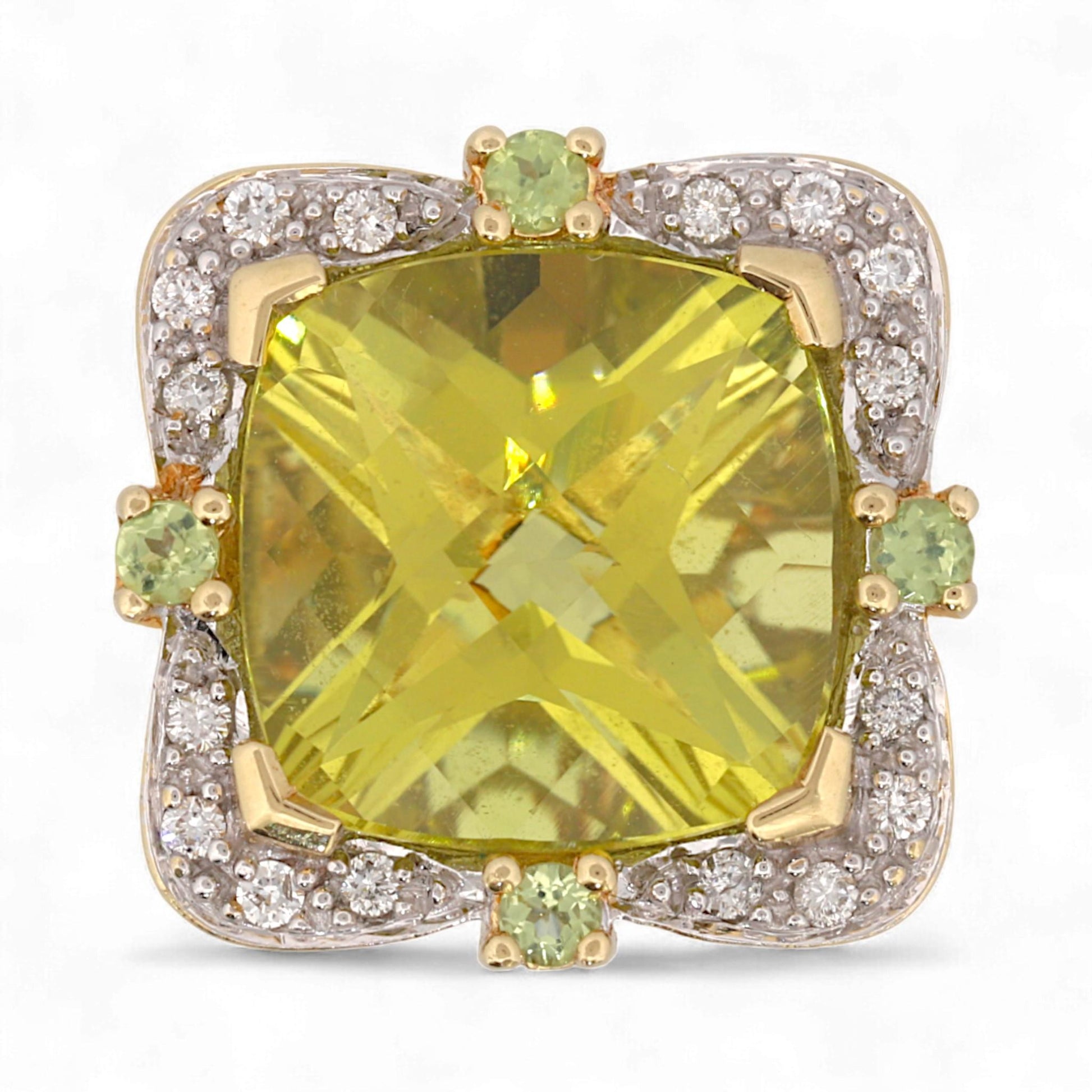 14K Yellow Gold Cushion Gemstone & Diamond Halo Statement Ring Size 7.5