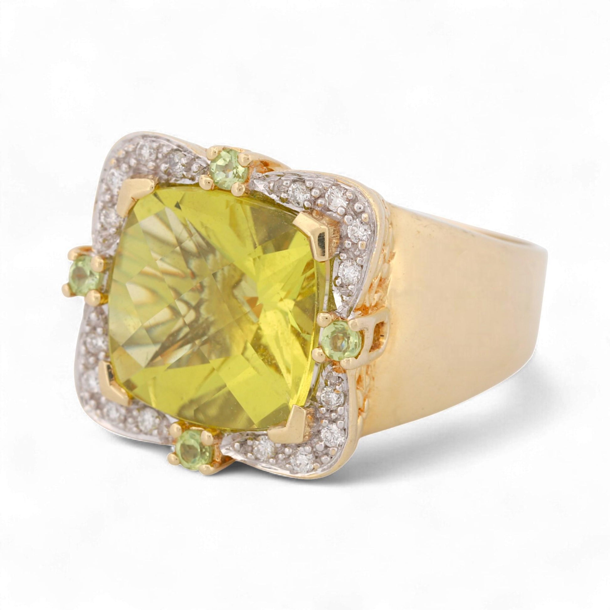 14K Yellow Gold Cushion Gemstone & Diamond Halo Statement Ring Size 7.5