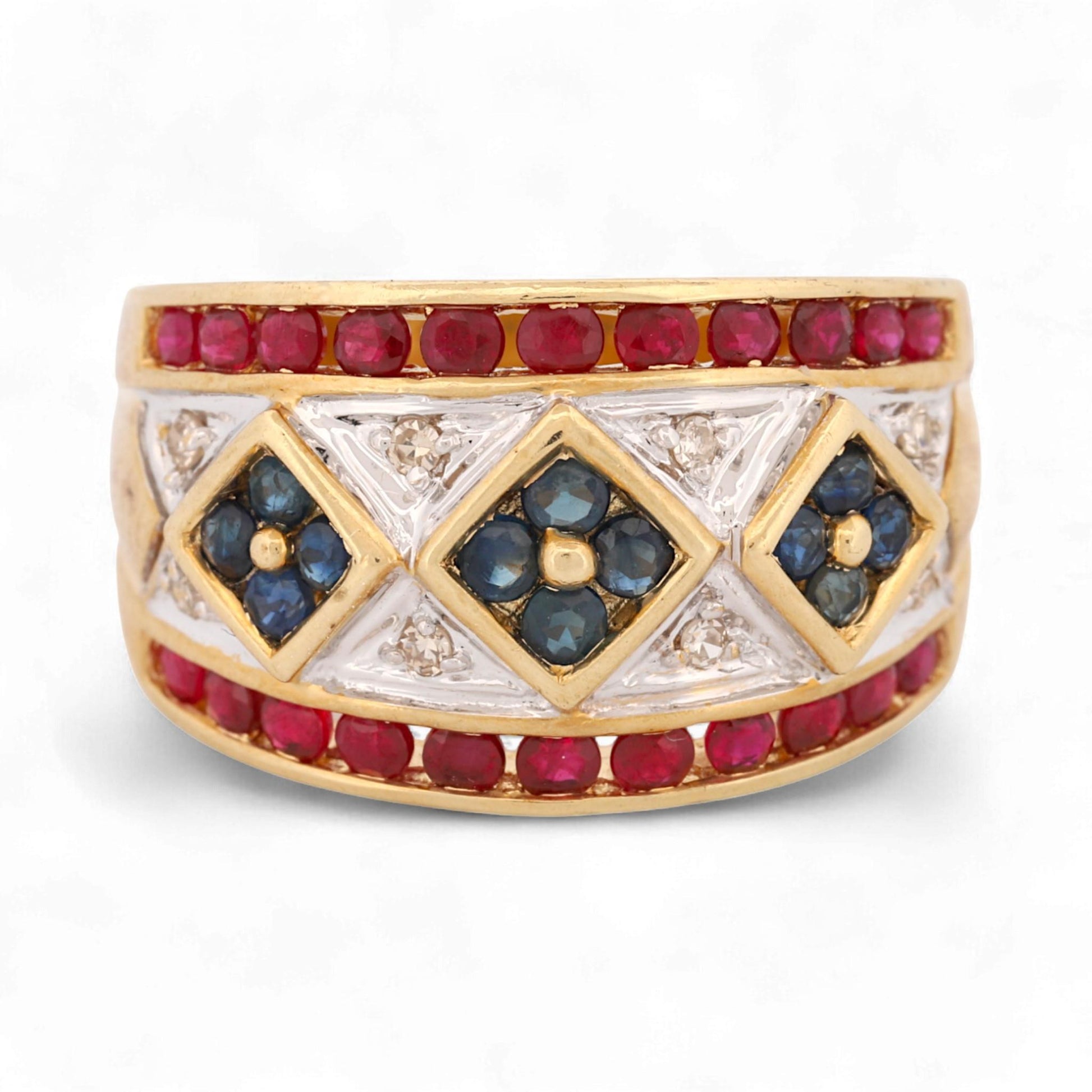 14K Yellow Gold Wide Ruby, Sapphire & Diamond Wide Band Ring Size 6.5
