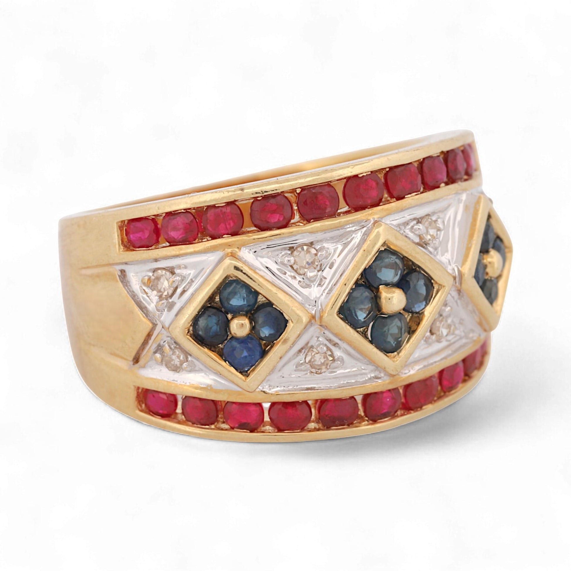 14K Yellow Gold Wide Ruby, Sapphire & Diamond Wide Band Ring Size 6.5