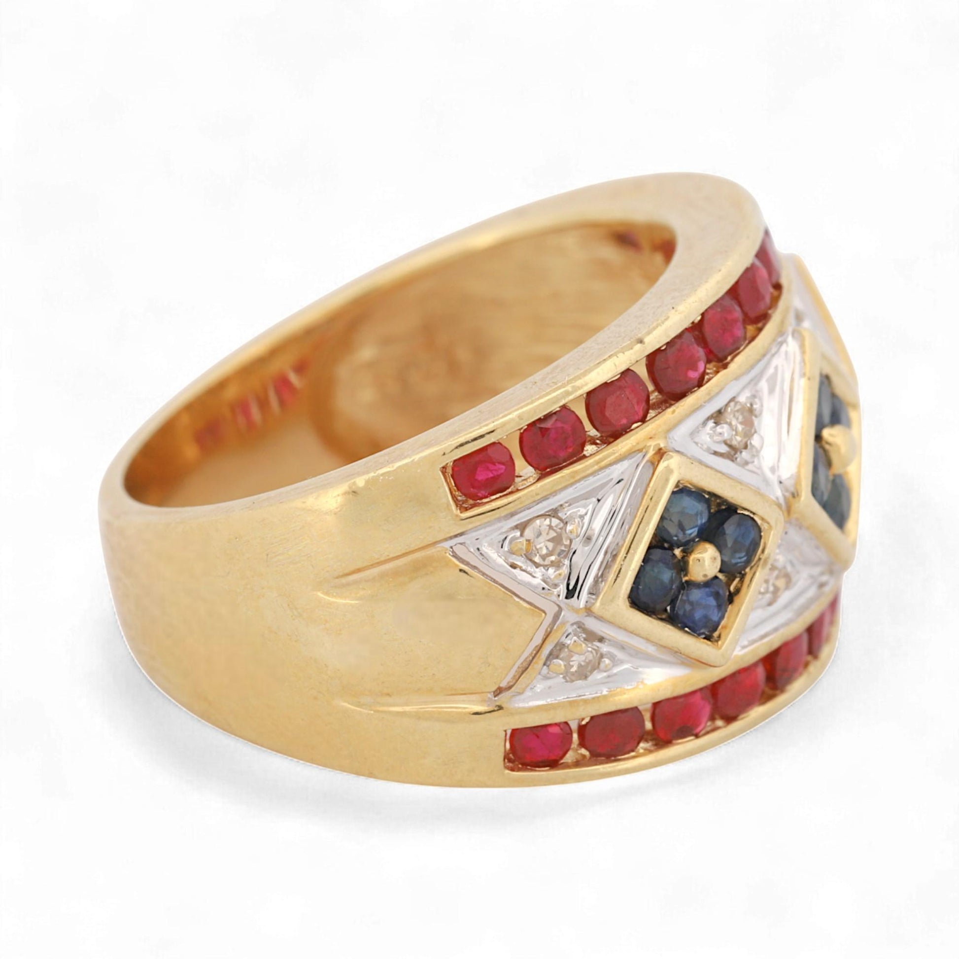 14K Yellow Gold Wide Ruby, Sapphire & Diamond Wide Band Ring Size 6.5