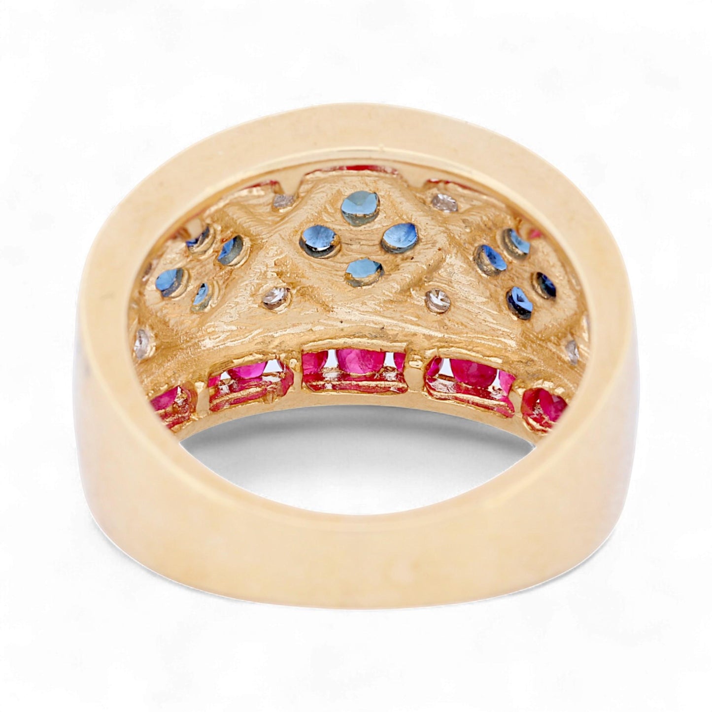 14K Yellow Gold Wide Ruby, Sapphire & Diamond Wide Band Ring Size 6.5