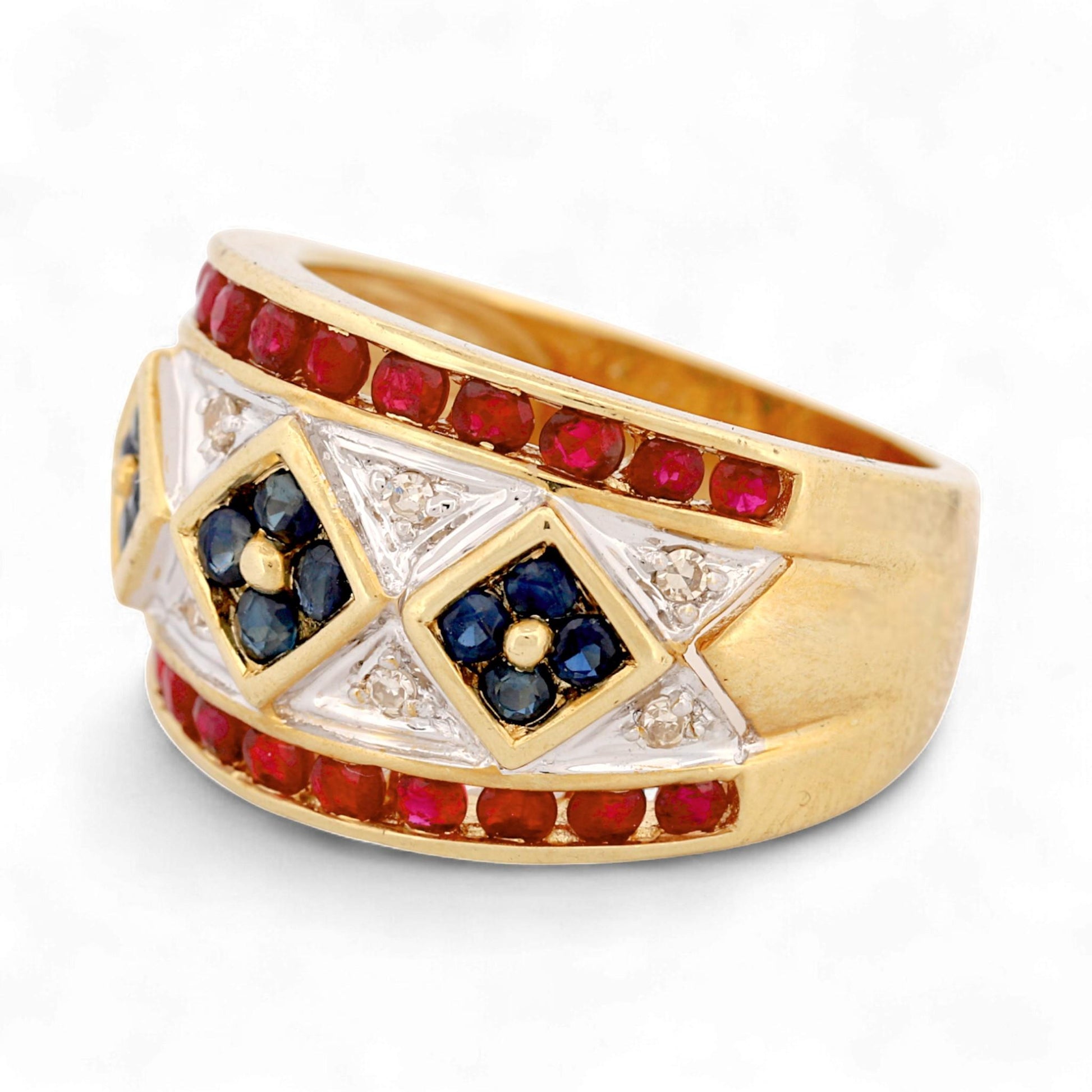 14K Yellow Gold Wide Ruby, Sapphire & Diamond Wide Band Ring Size 6.5