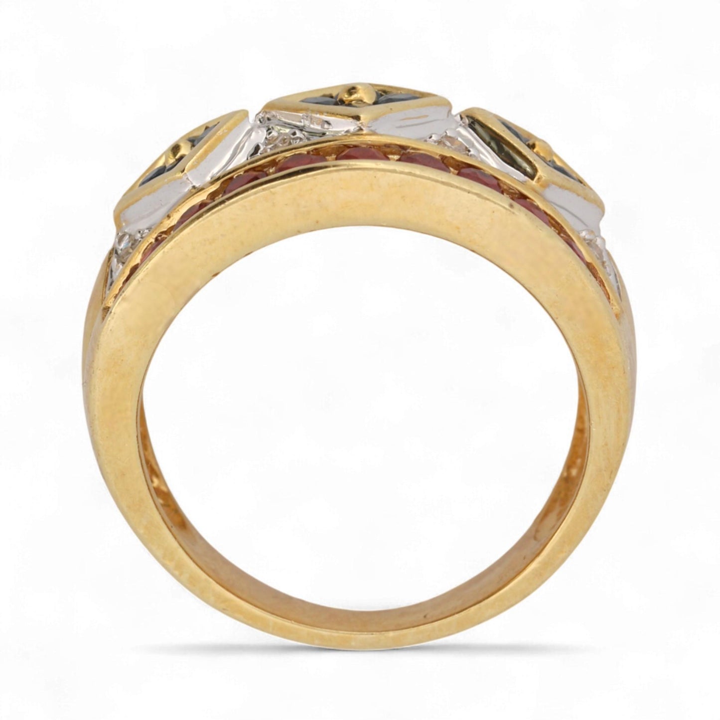 14K Yellow Gold Wide Ruby, Sapphire & Diamond Wide Band Ring Size 6.5
