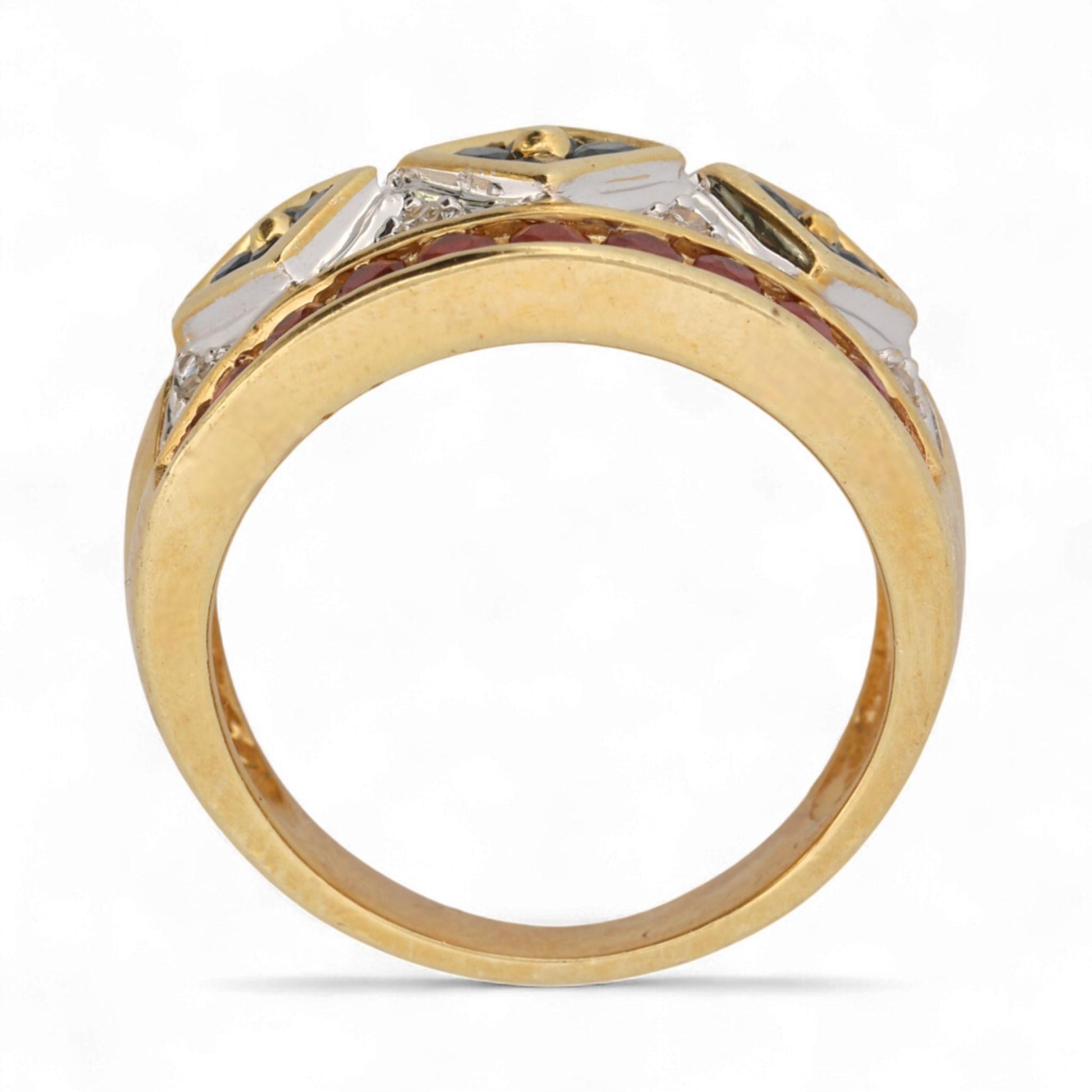 14K Yellow Gold Wide Ruby, Sapphire & Diamond Wide Band Ring Size 6.5