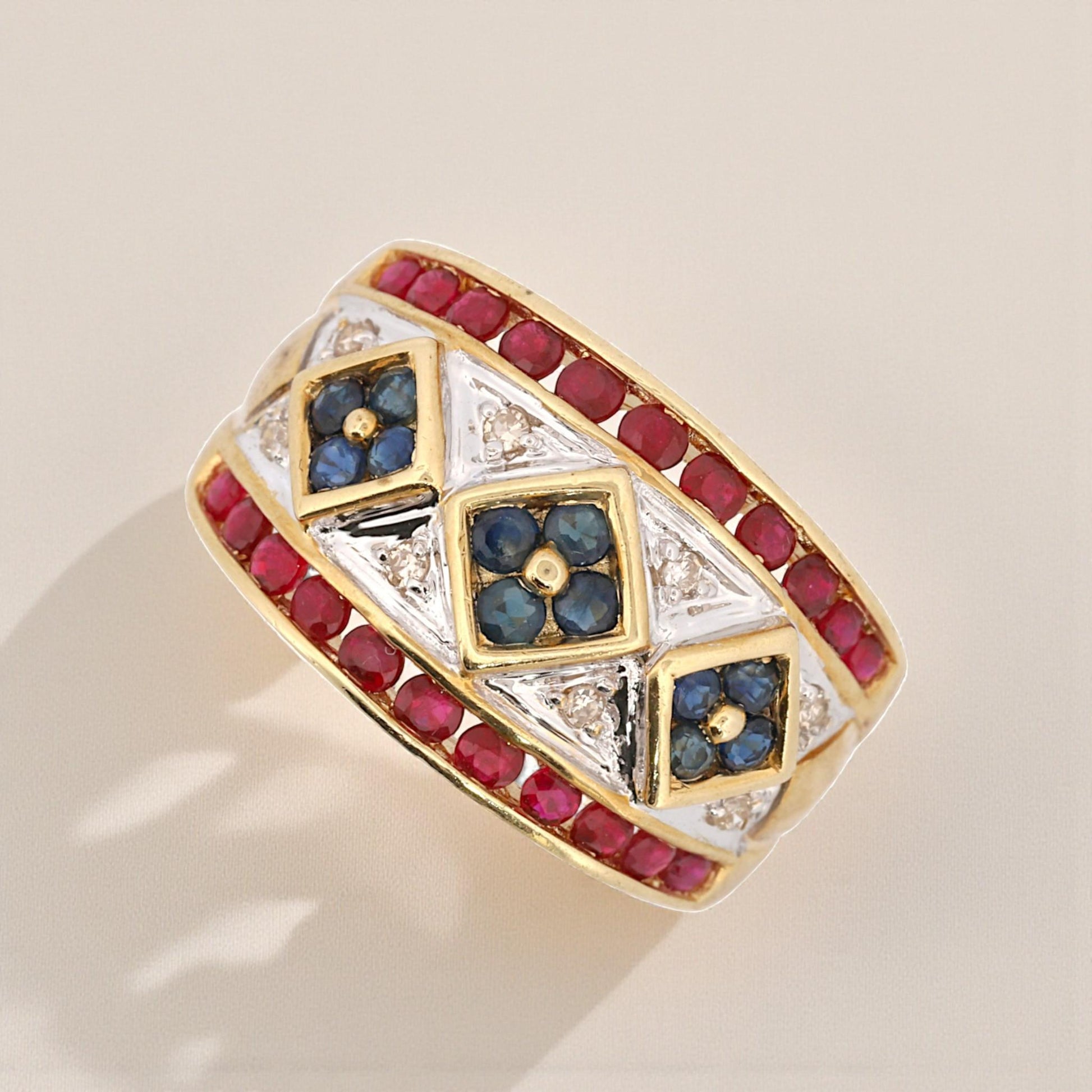 14K Yellow Gold Wide Ruby, Sapphire & Diamond Wide Band Ring Size 6.5