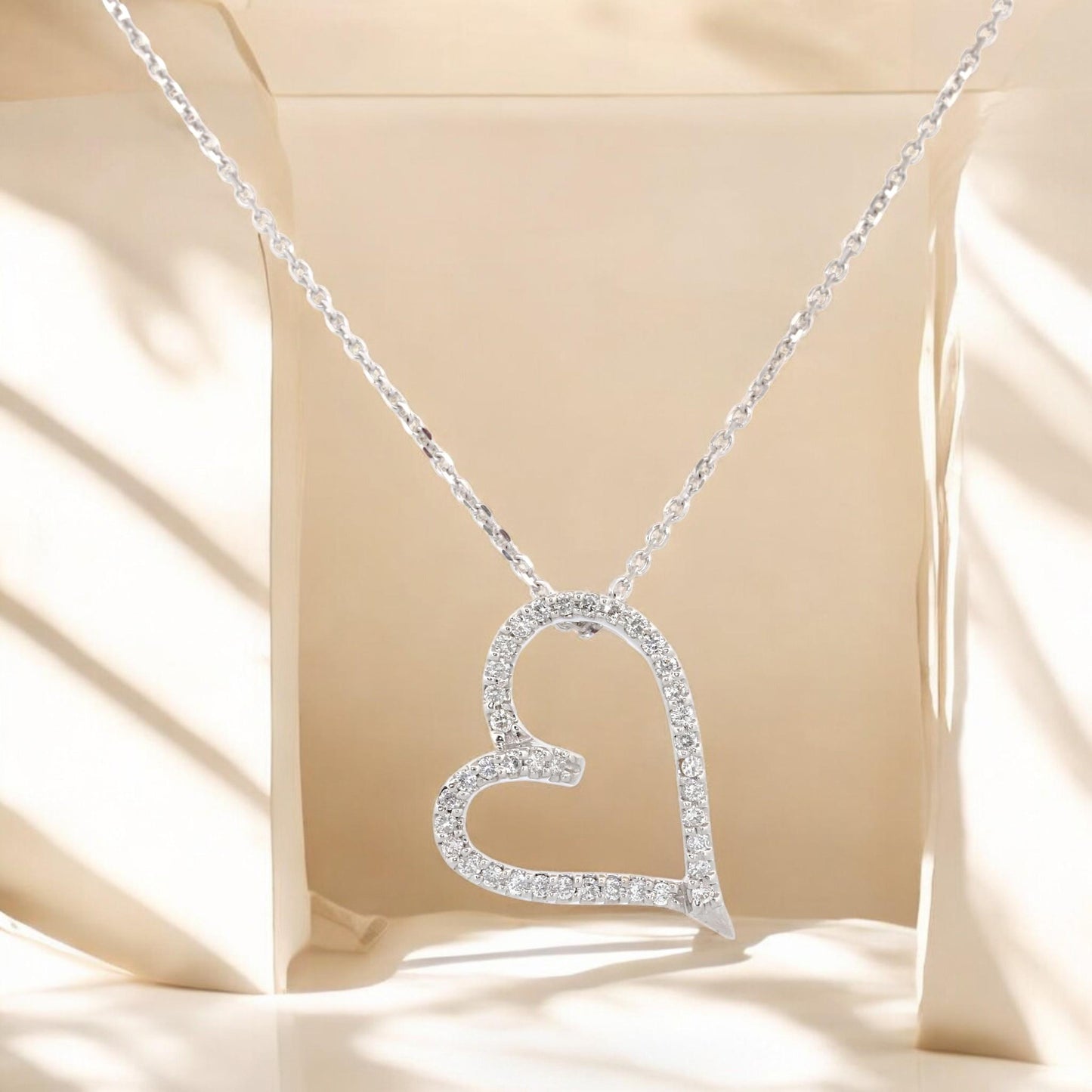 14K White Gold Diamond Open Heart Pendant Necklace 18 Inch