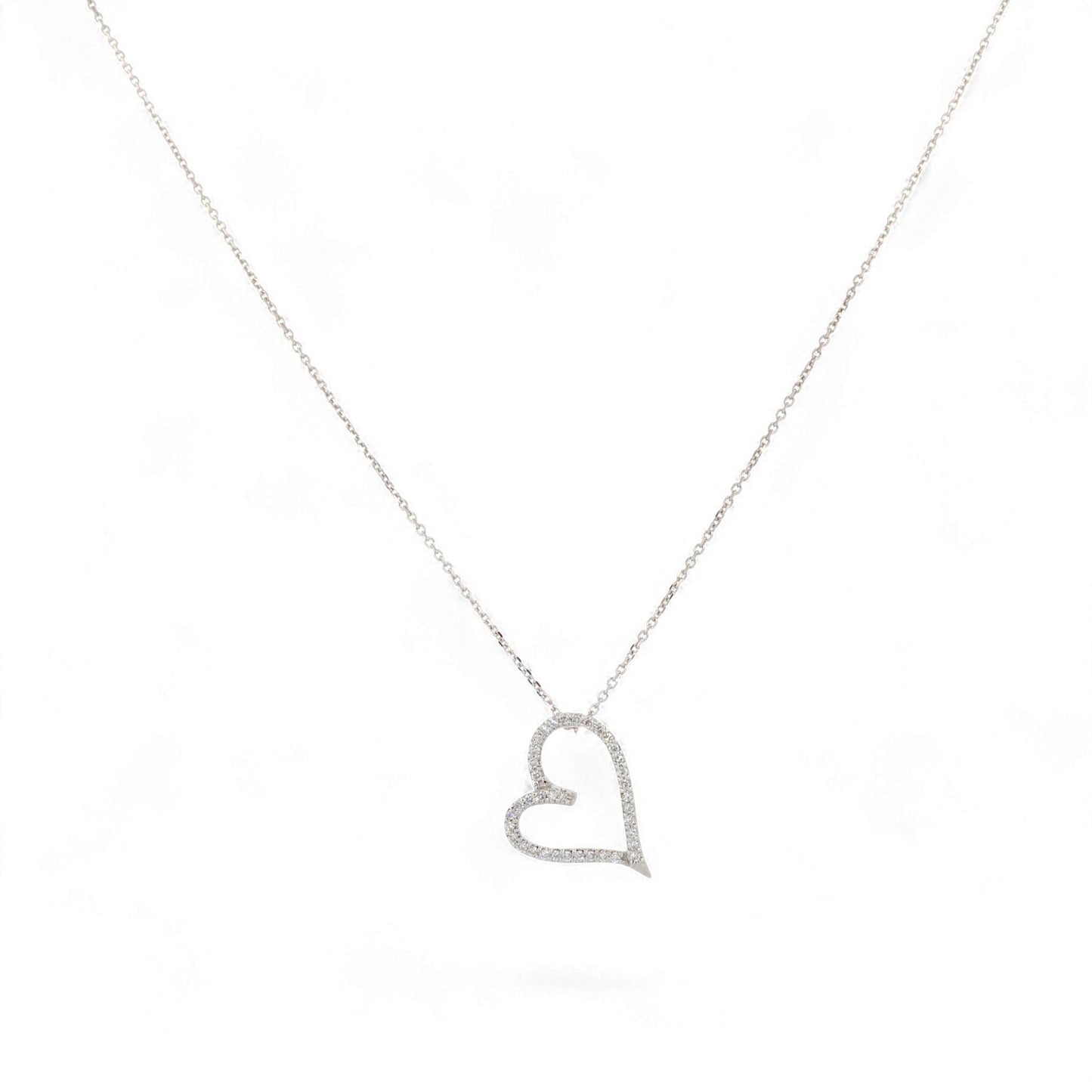 14K White Gold Diamond Open Heart Pendant Necklace 18 Inch