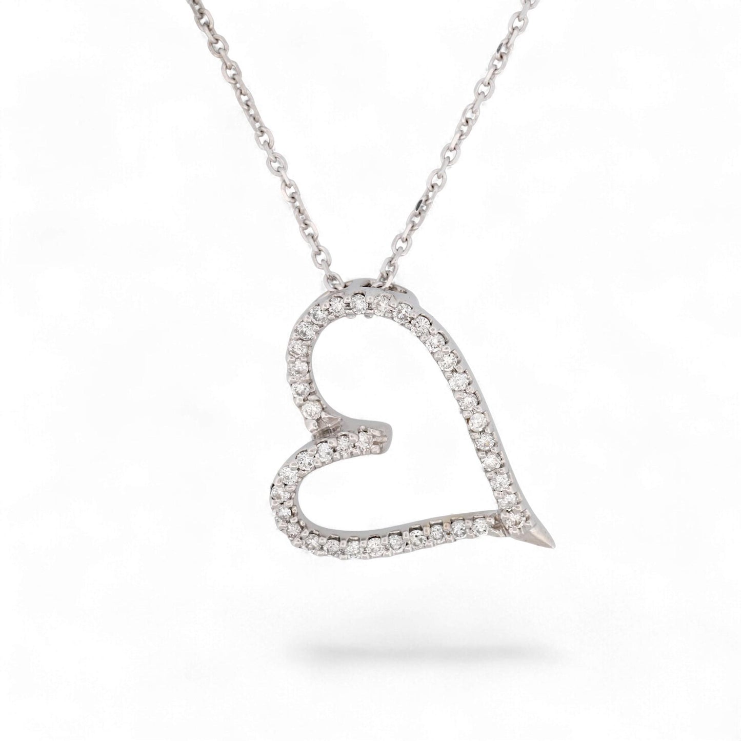 14K White Gold Diamond Open Heart Pendant Necklace 18 Inch