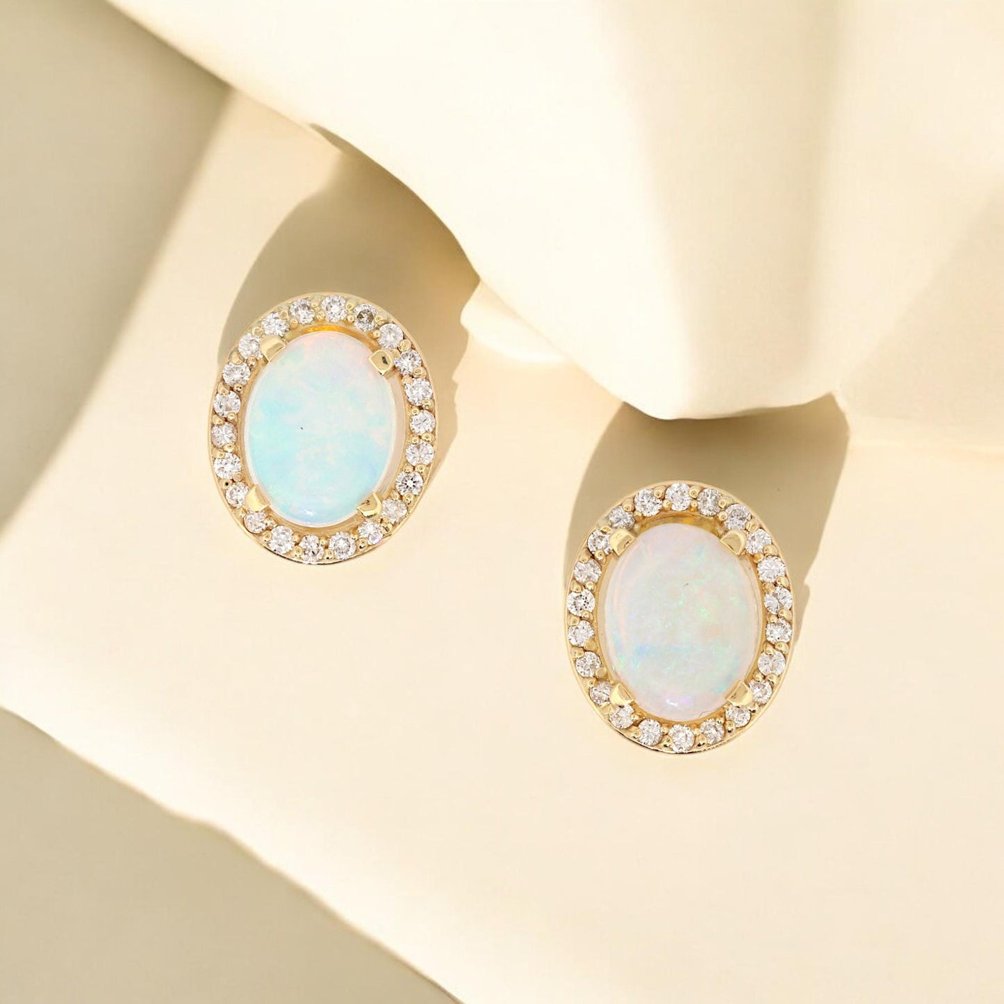 Jennifer Rivera 14K Gold Opal & Diamond Halo Earrings with Heart Signature