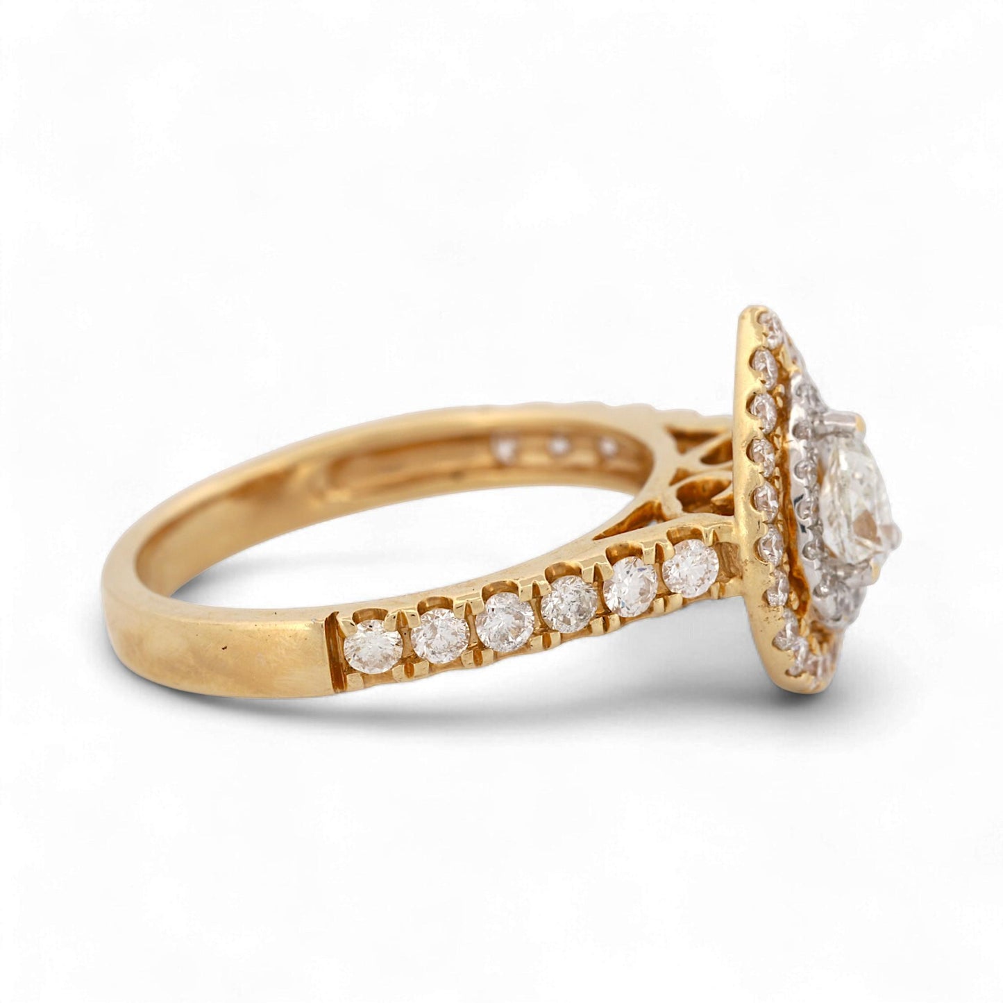14K Yellow Gold Double-Halo Pear Diamond Ring 1.05ct Size 7