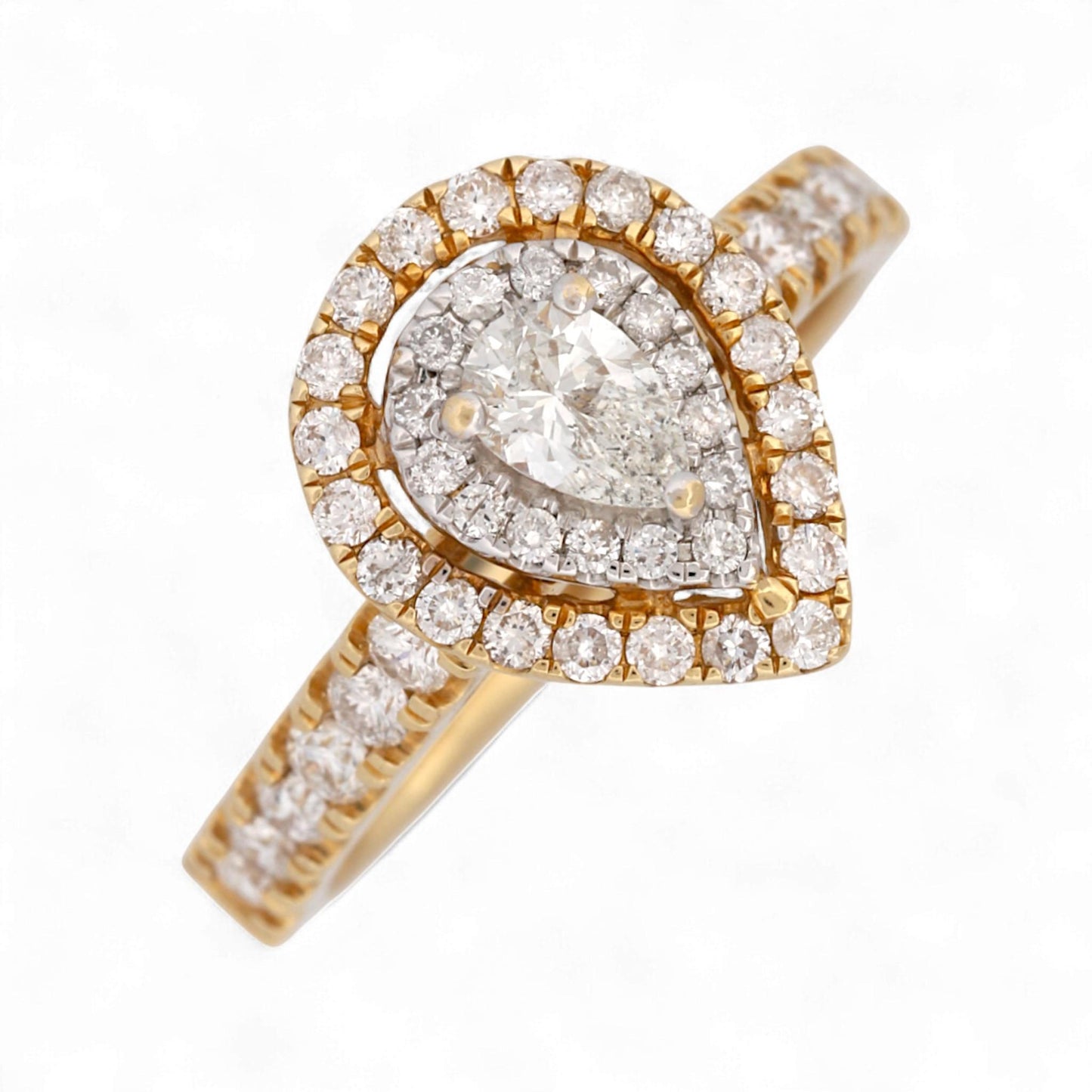 14K Yellow Gold Double-Halo Pear Diamond Ring 1.05ct Size 7