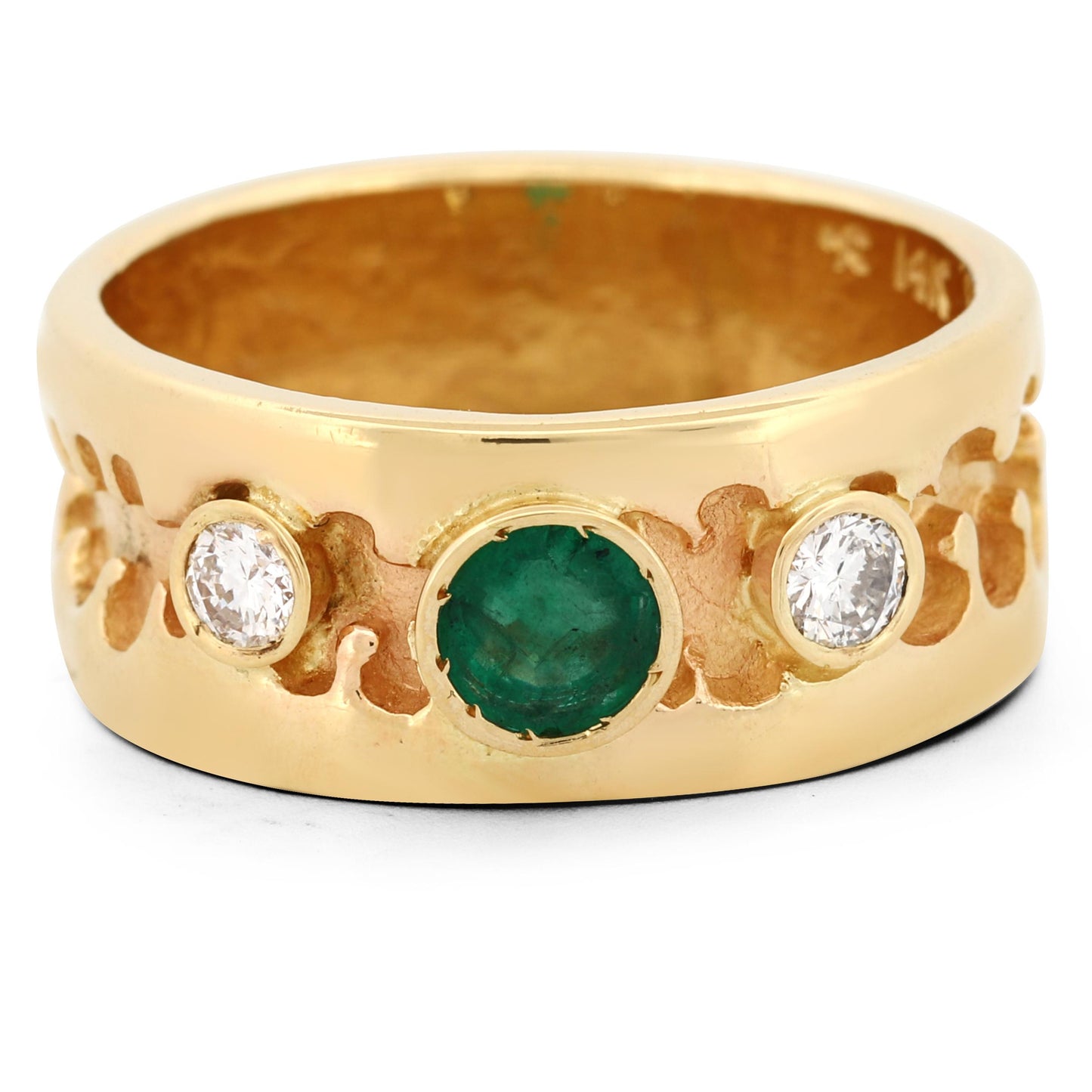 Vivid Green Emerald & Diamond Band Ring in 14k Yellow Gold