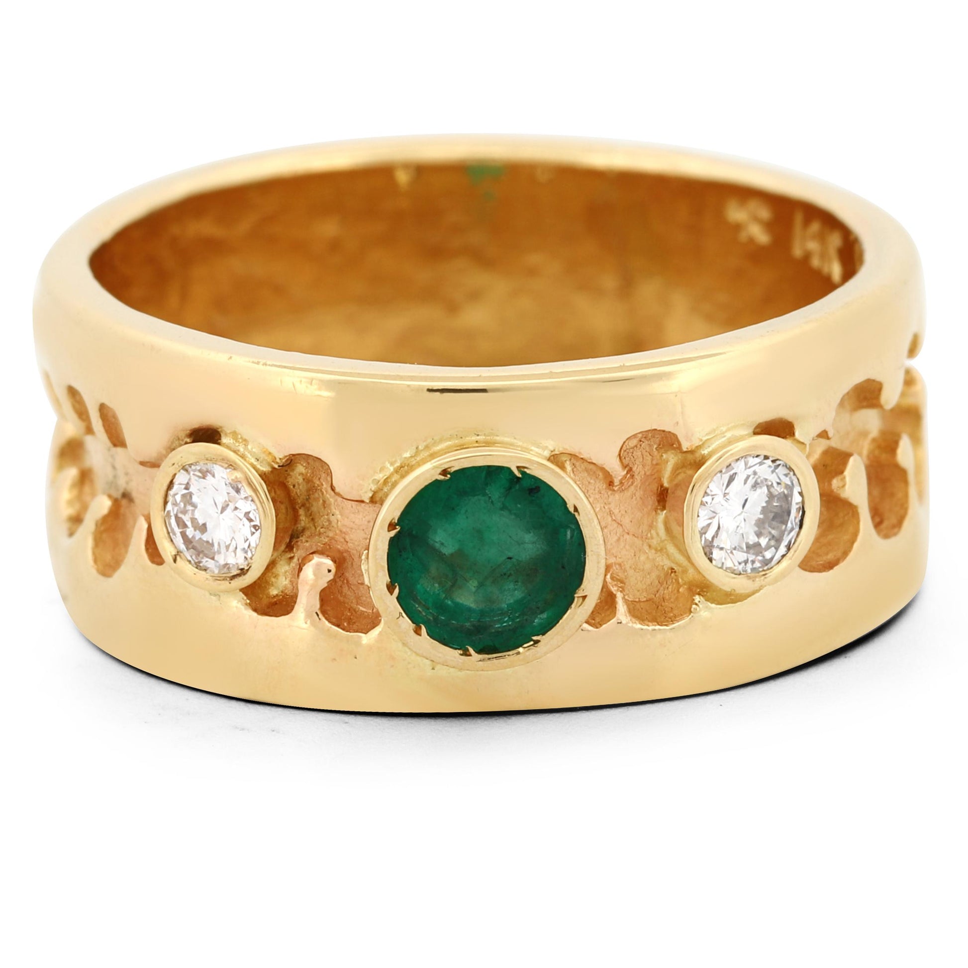 Vivid Green Emerald & Diamond Band Ring in 14k Yellow Gold