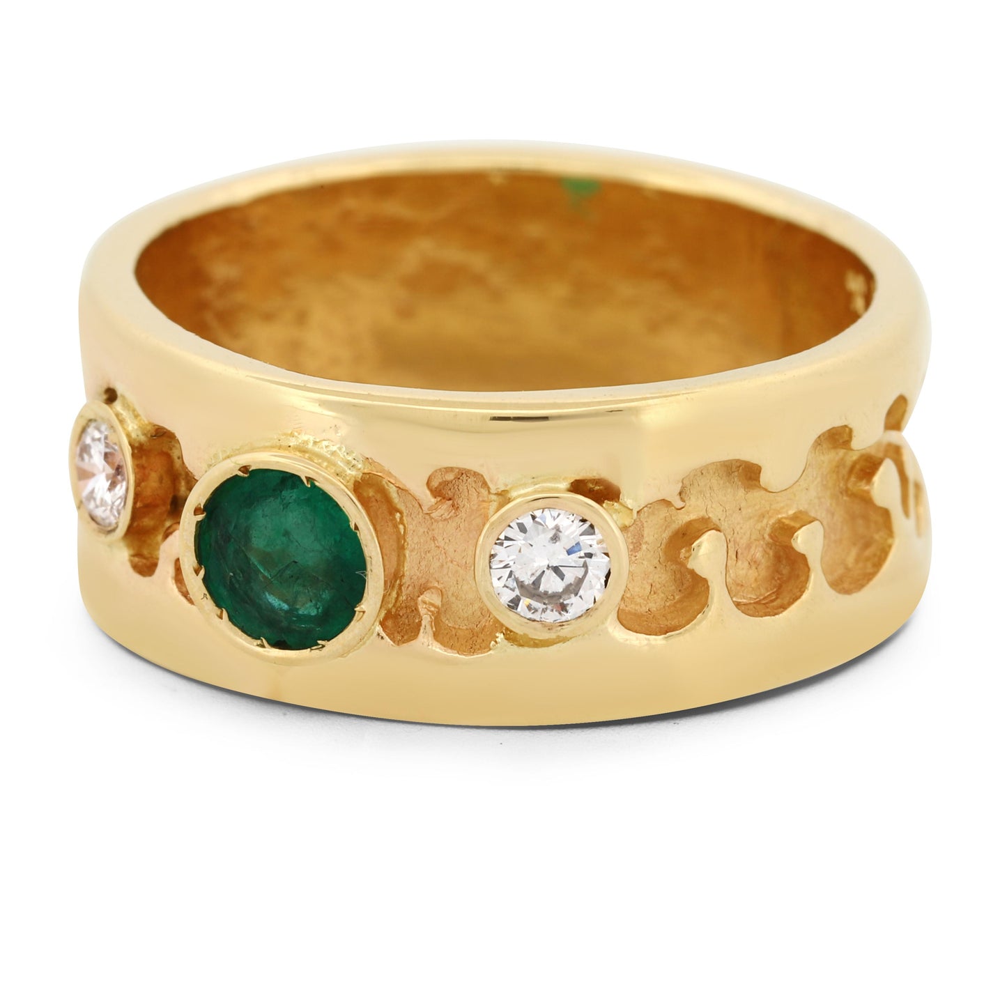 Vivid Green Emerald & Diamond Band Ring in 14k Yellow Gold