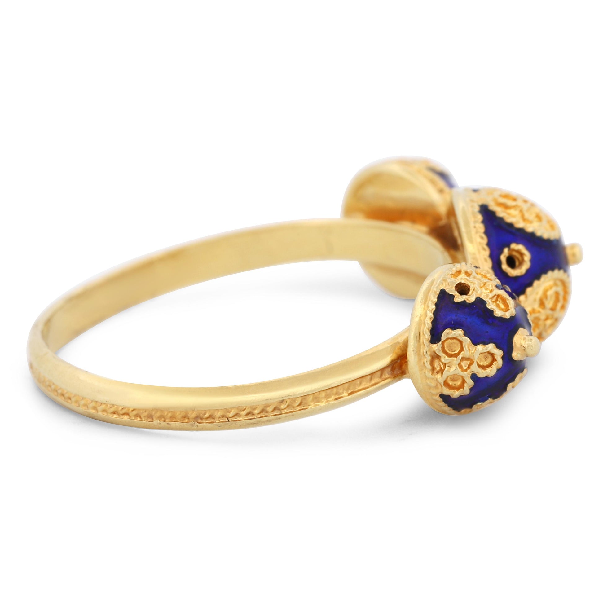 Handmade Grecian Earth Spheres Filigree Ring in 18k Yellow Gold with Blue Enamel