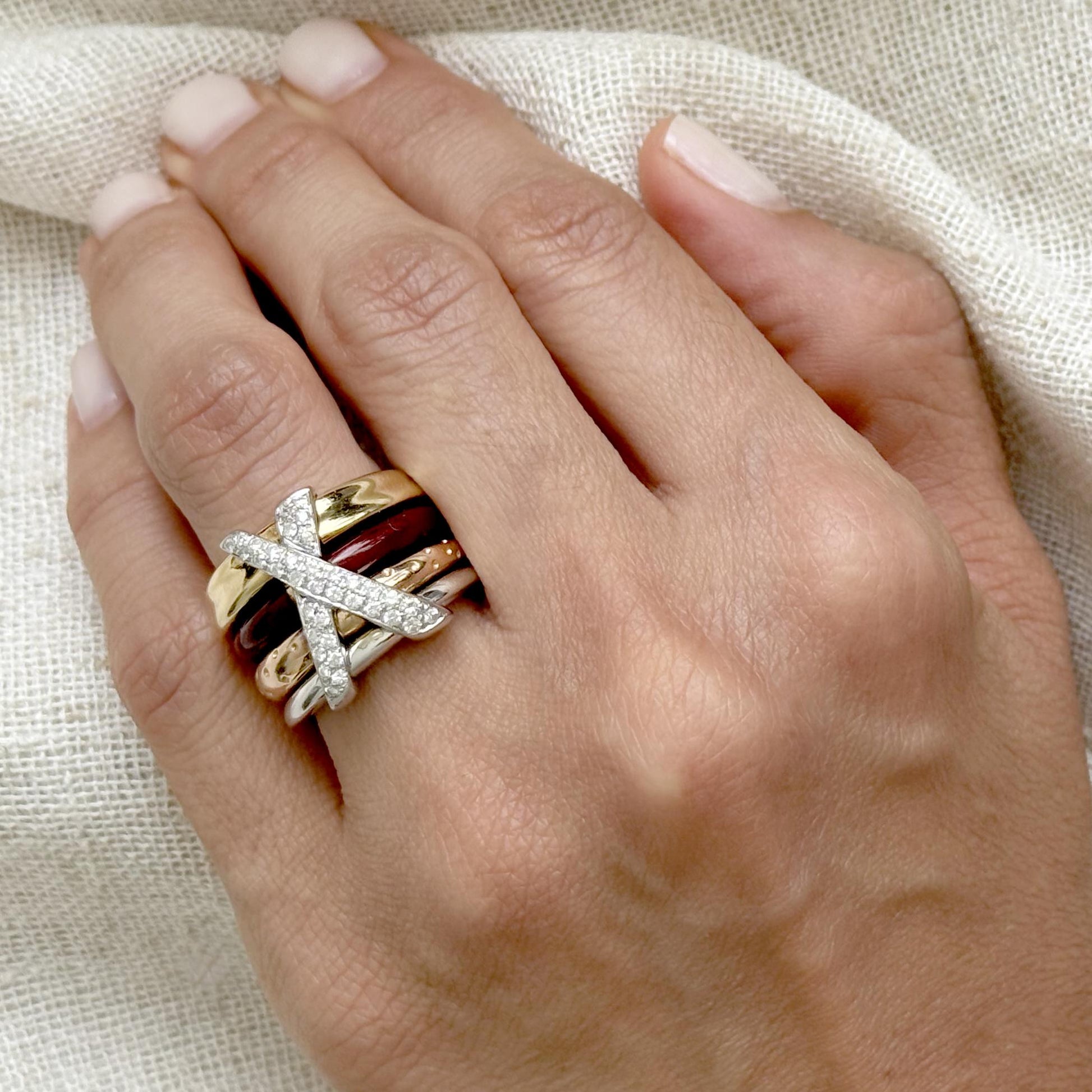 La Nouvelle Bague X-Link Four-Band Diamond & Enamel Ring in 18K Gold