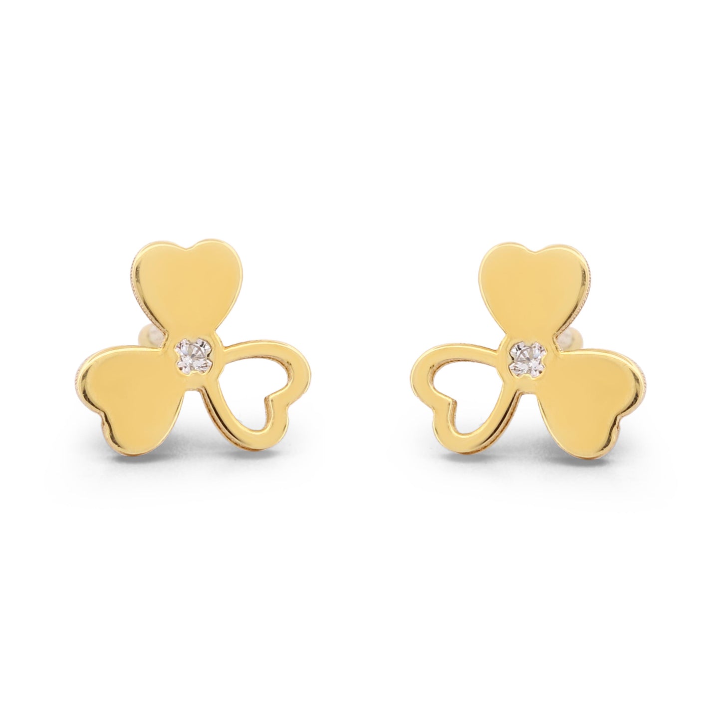 18k Yellow Gold Three-Petal Flower Stud Earrings with Diamond and Screw-Backs