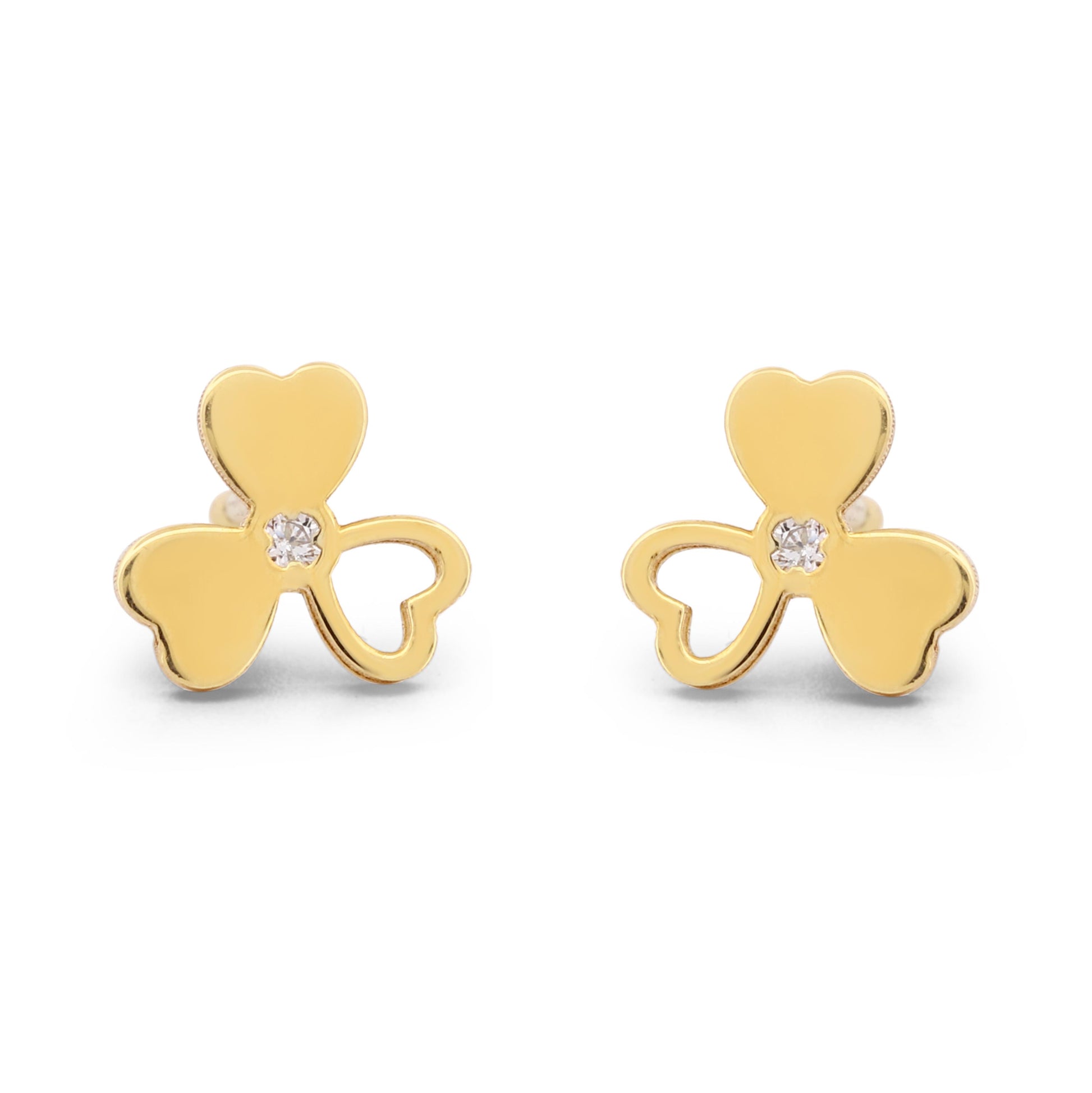 18k Yellow Gold Three-Petal Flower Stud Earrings with Diamond and Screw-Backs
