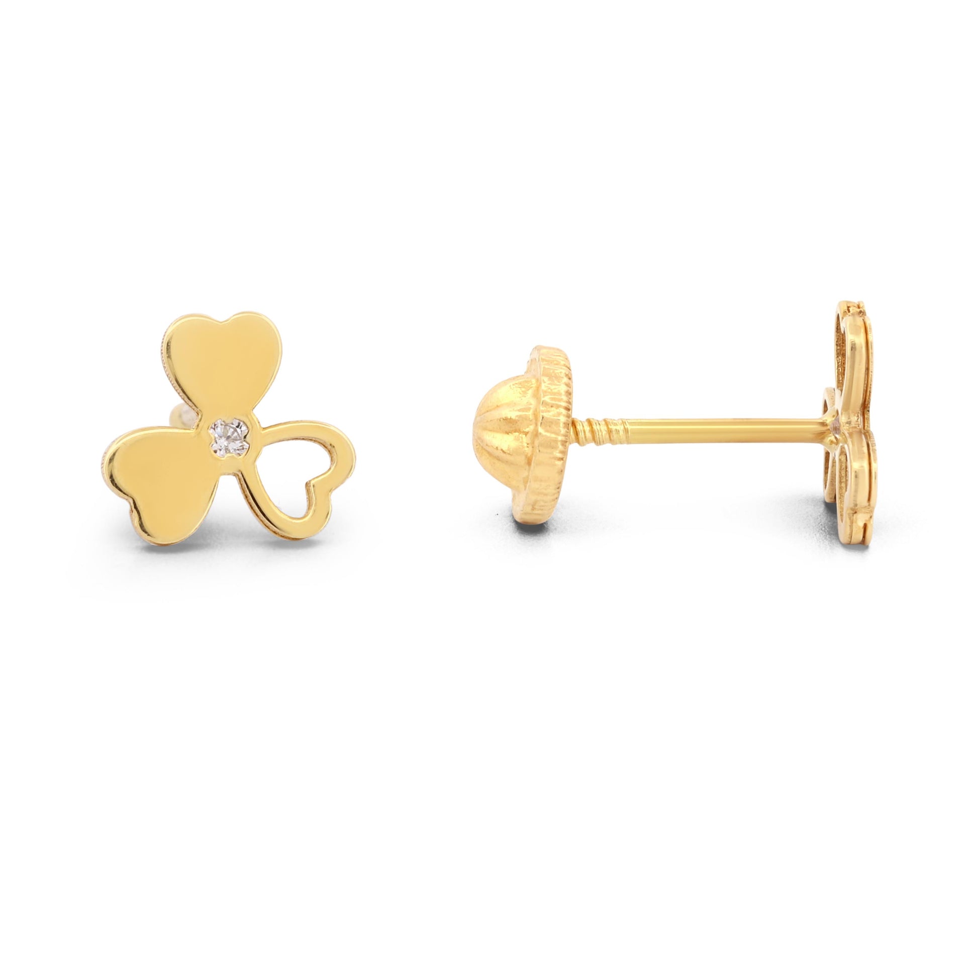18k Yellow Gold Three-Petal Flower Stud Earrings with Diamond and Screw-Backs