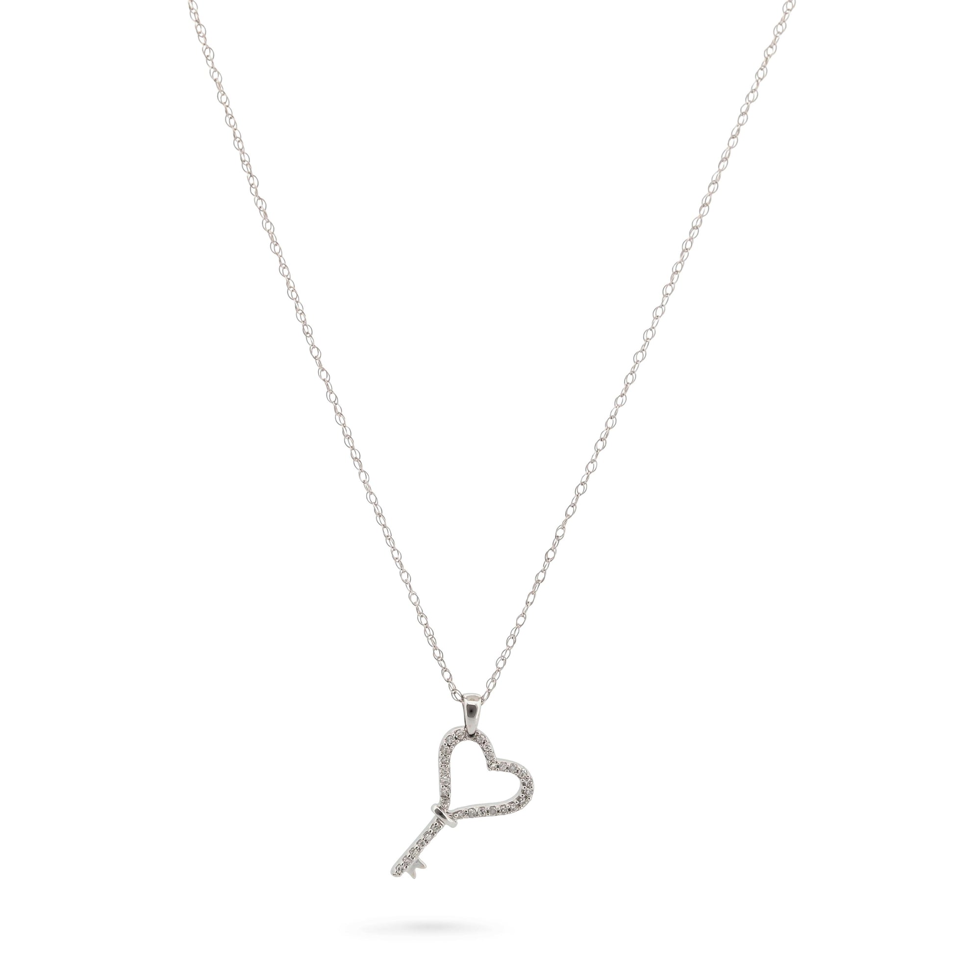 14k White Gold Diamond Heart Key Charm Pendant Necklace