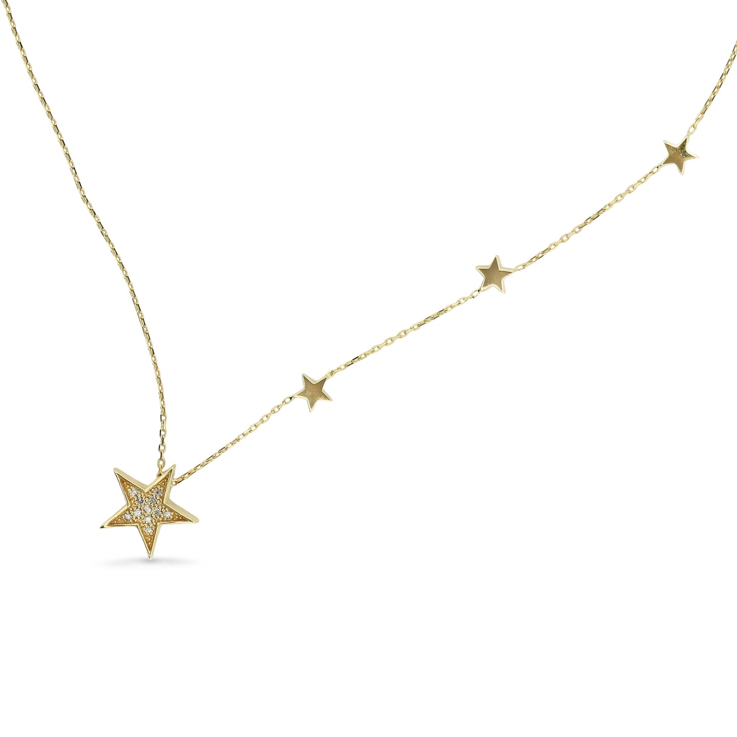 14k Yellow Gold Diamond Star Necklace with Three Star Stations 18 Inch
