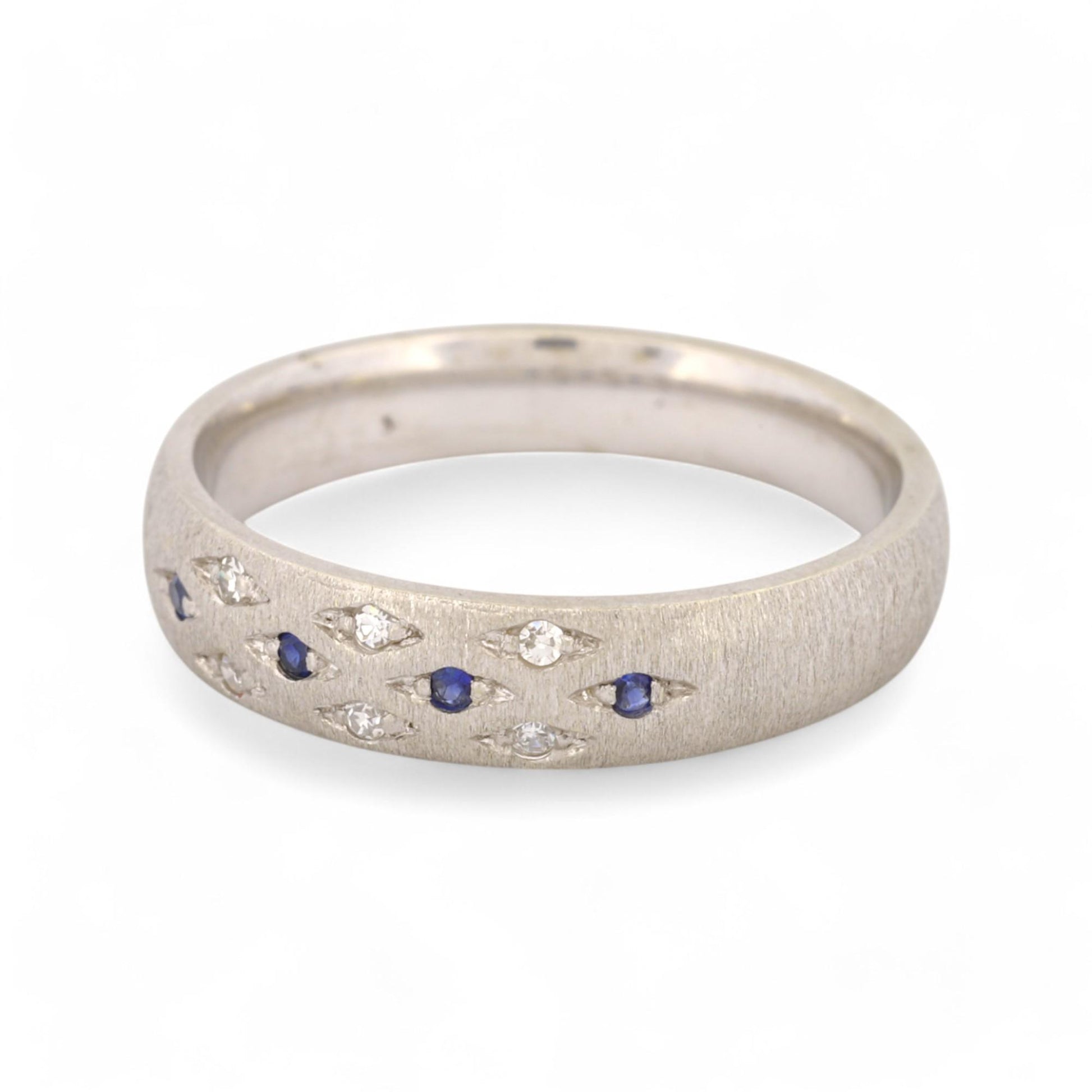 Signed 18k White Gold Diamond & Sapphire Band Ring with Satin Rigato Finish
