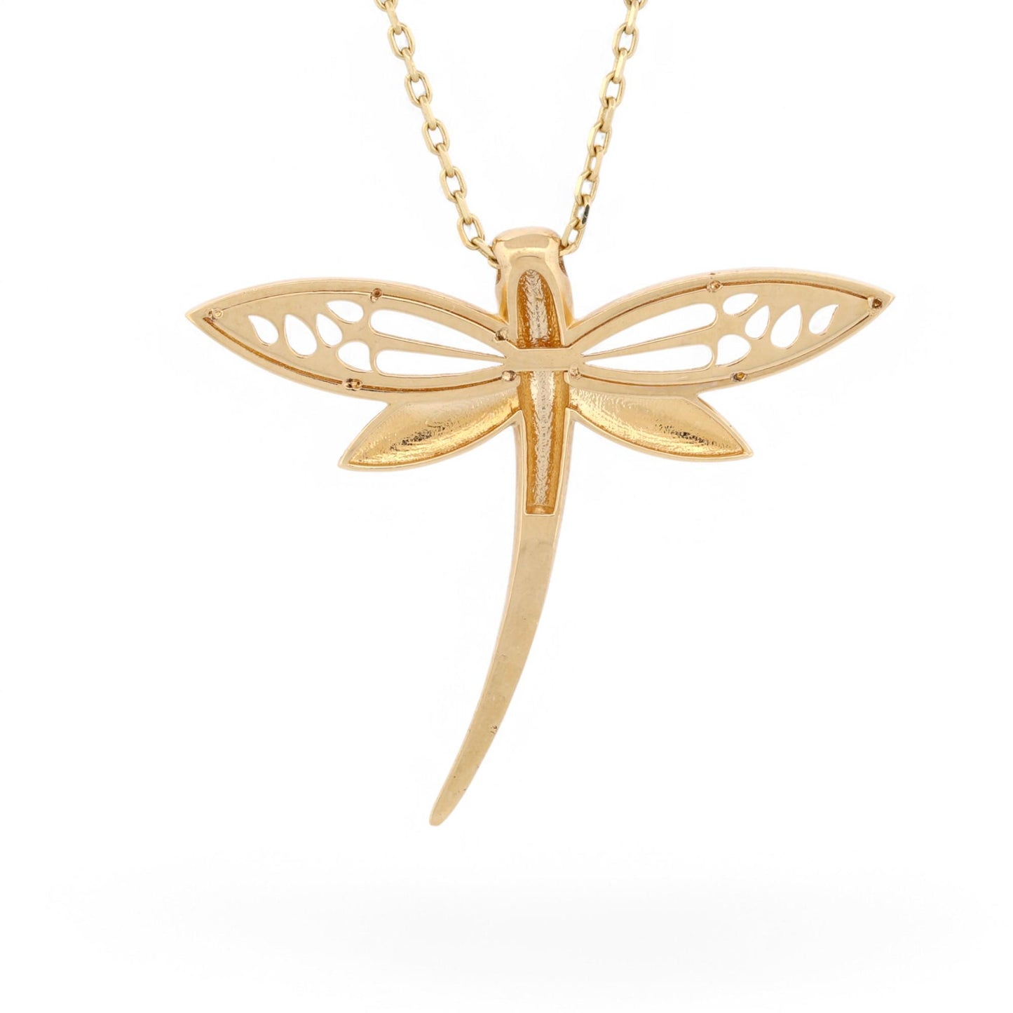 14k Yellow Gold Large Dragonfly Pendant Necklace 17 Inch