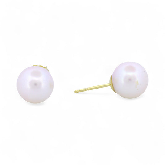 18k Gold Cultured Pearl Stud Earrings – 8.8mm White Pearls Large