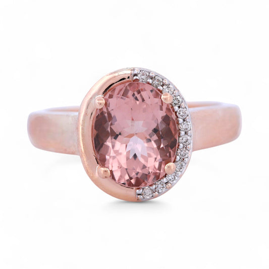 Morganite & Diamond Halo Ring in 14k Rose Gold, Signed SI, Size 7