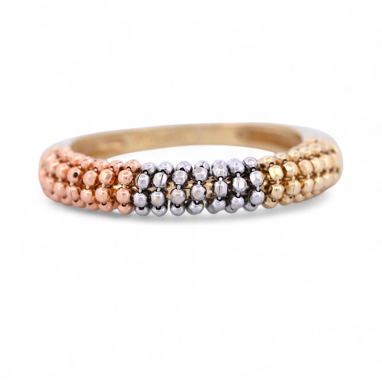 ARPAS Tri-Color Beaded Ring 14k Gold Yellow White Rose Textured Band Size 7