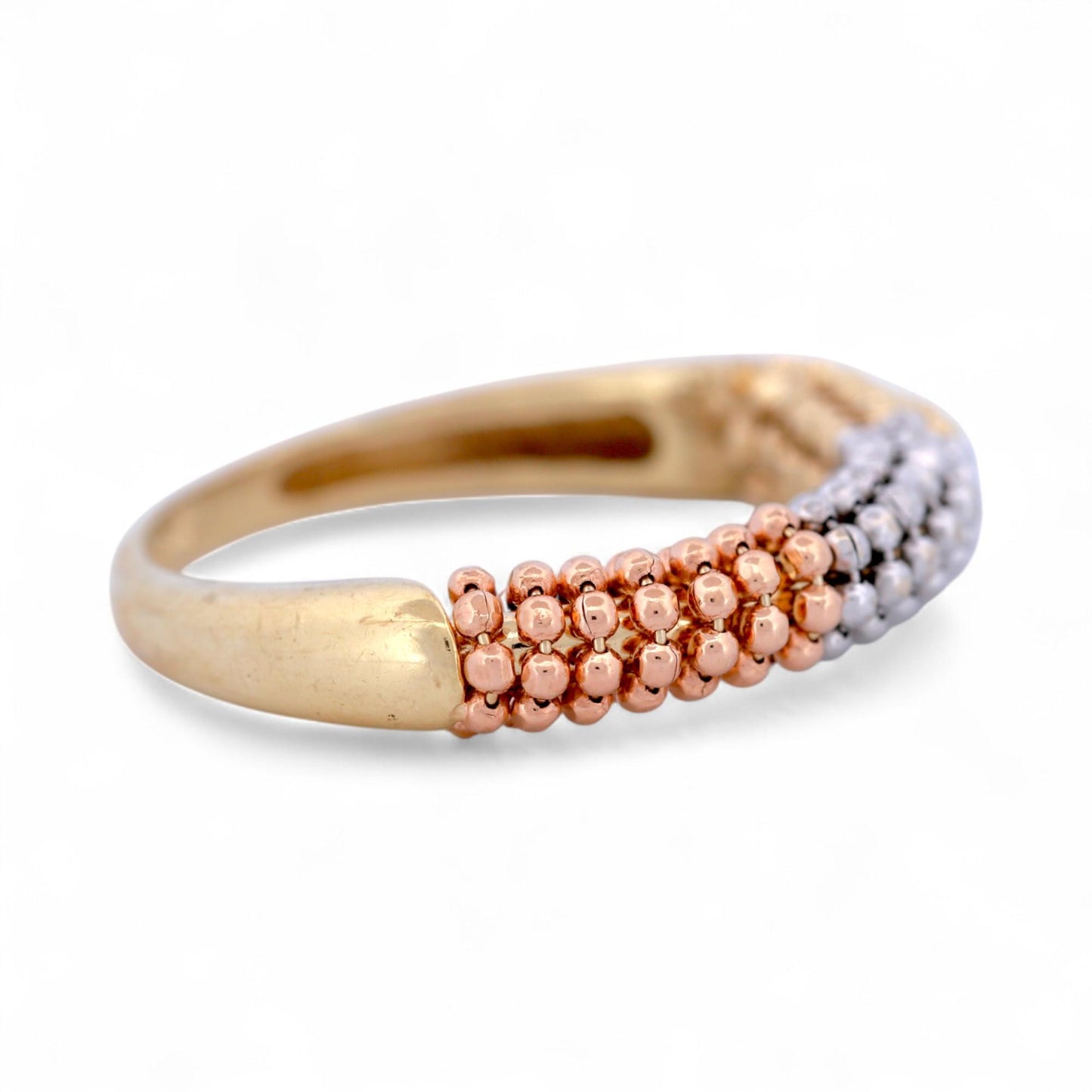 ARPAS Tri-Color Beaded Ring 14k Gold Yellow White Rose Textured Band Size 7