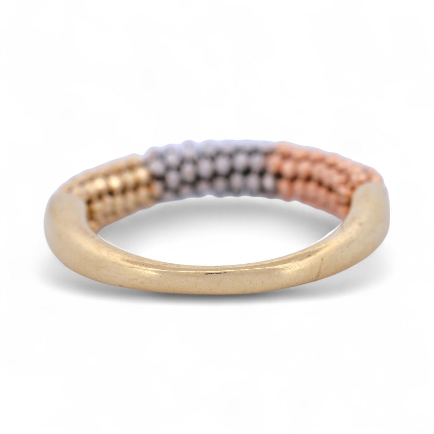 ARPAS Tri-Color Beaded Ring 14k Gold Yellow White Rose Textured Band Size 7