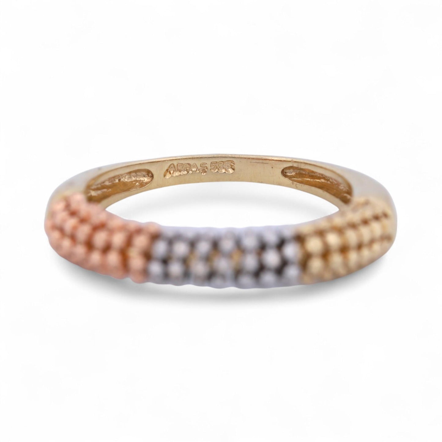 ARPAS Tri-Color Beaded Ring 14k Gold Yellow White Rose Textured Band Size 7