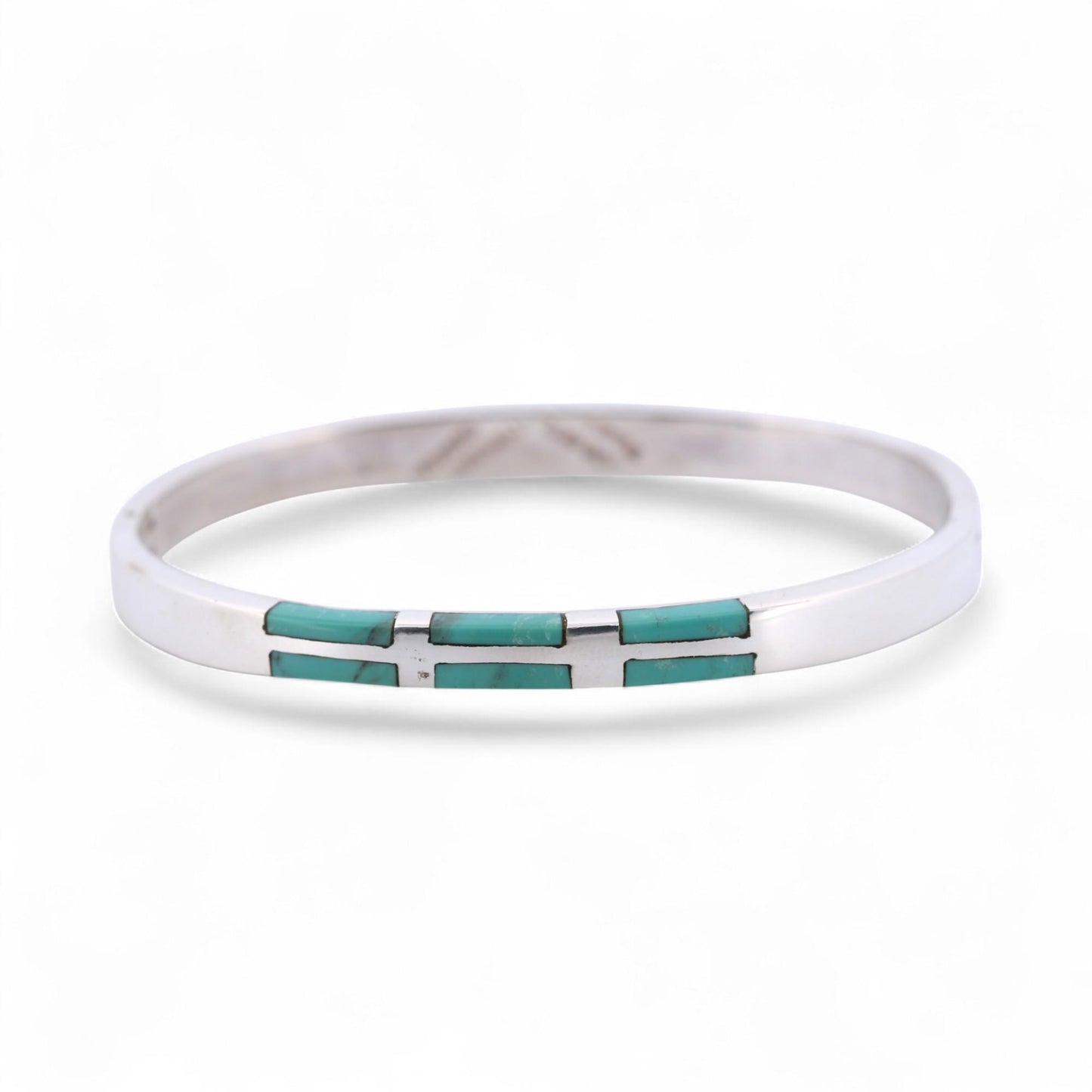 Sterling Silver Turquoise Inlay Bangle Mexico Modern Hinged Bracelet