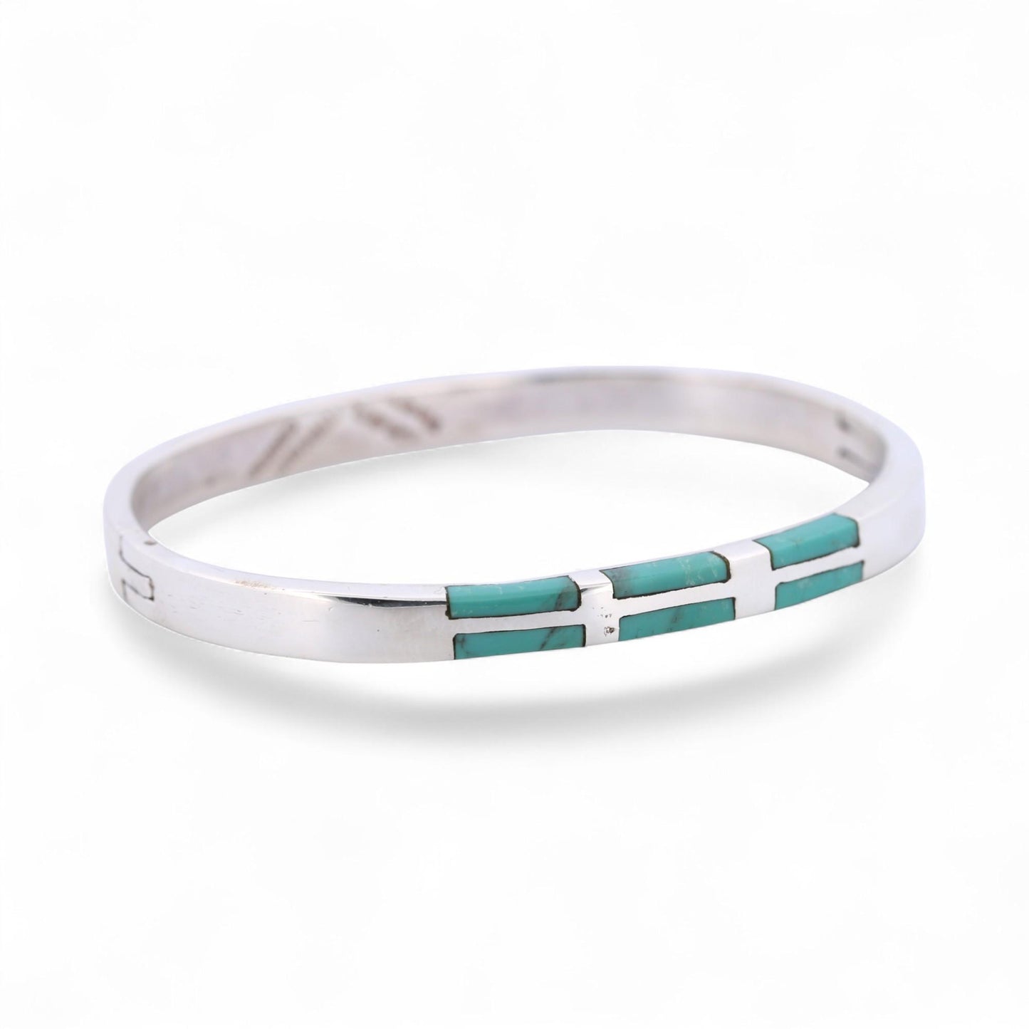 Sterling Silver Turquoise Inlay Bangle Mexico Modern Hinged Bracelet