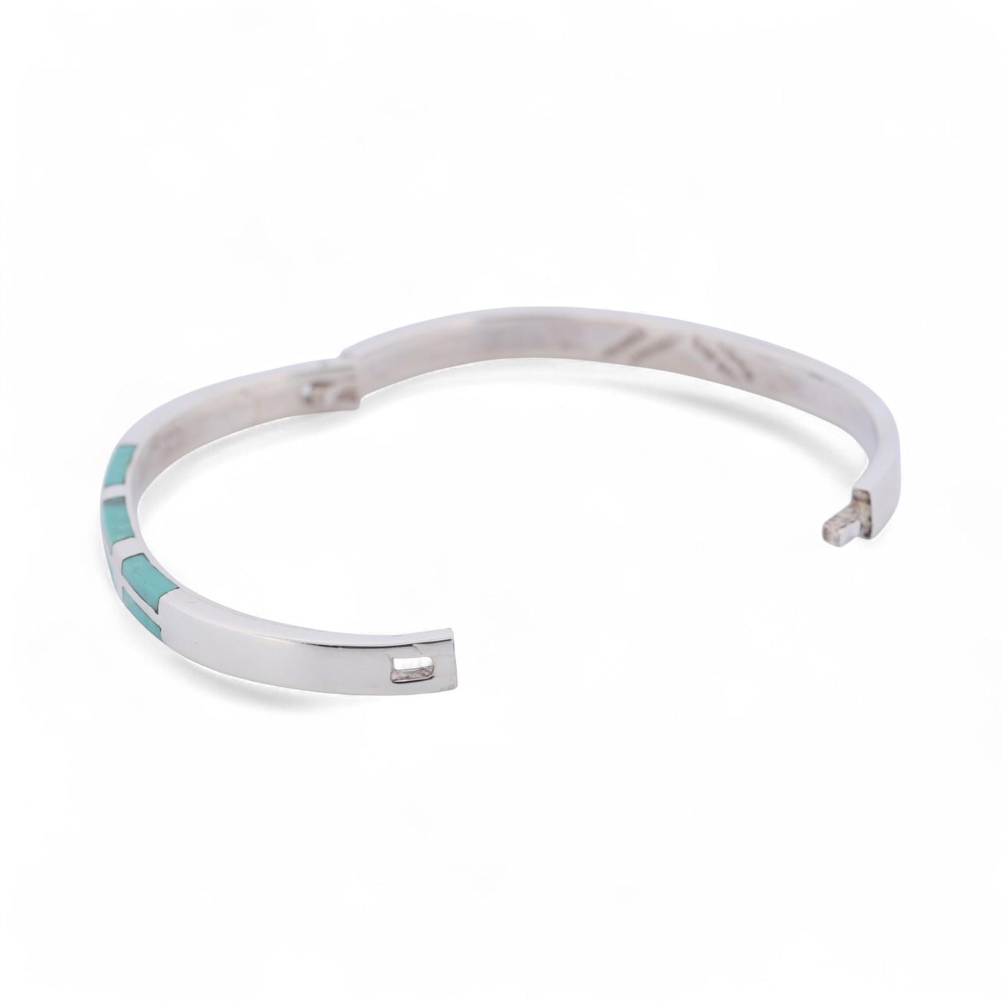 Sterling Silver Turquoise Inlay Bangle Mexico Modern Hinged Bracelet