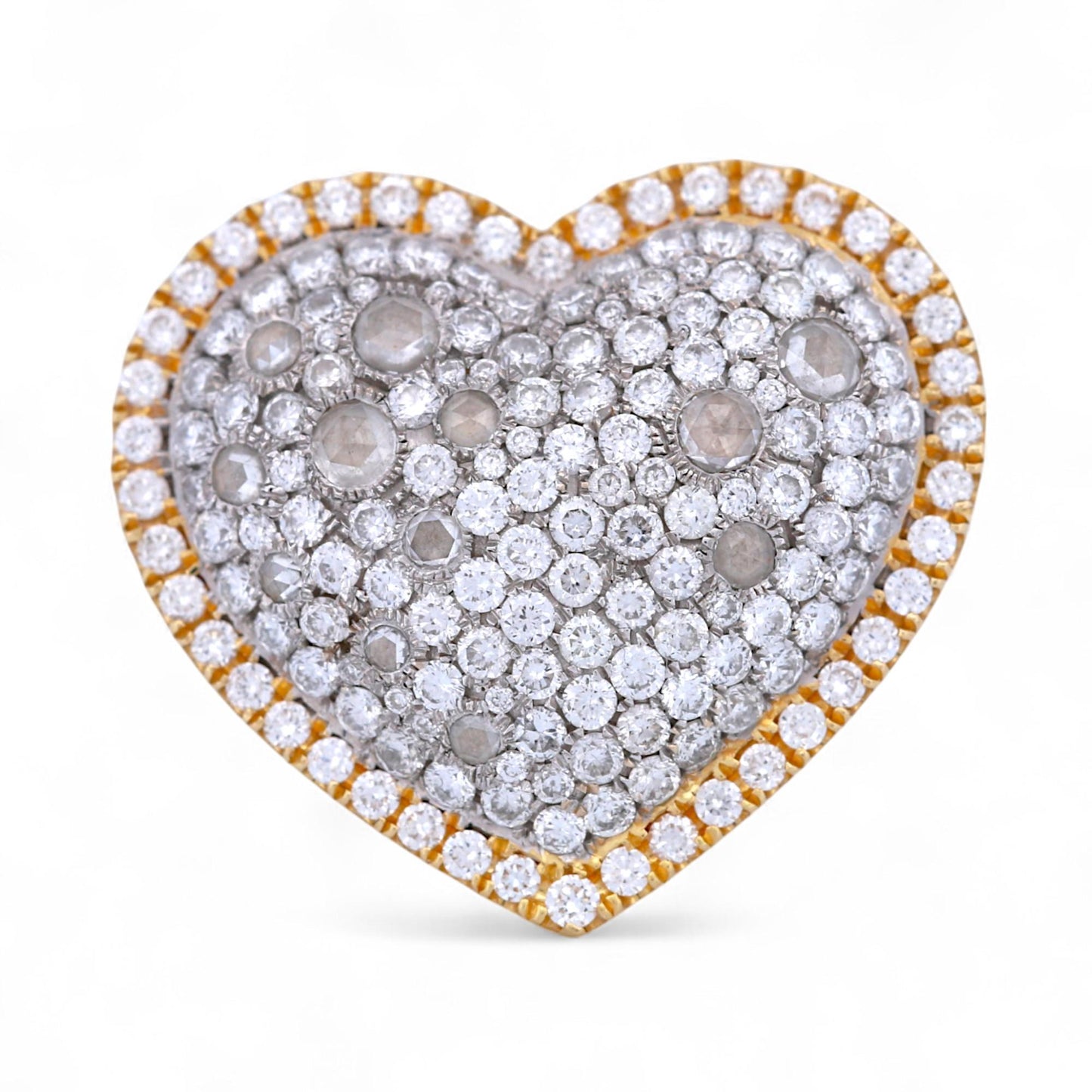18K Yellow Gold Pave Diamond Heart Ring with Rose & Brilliant Cuts – 3.11ctw